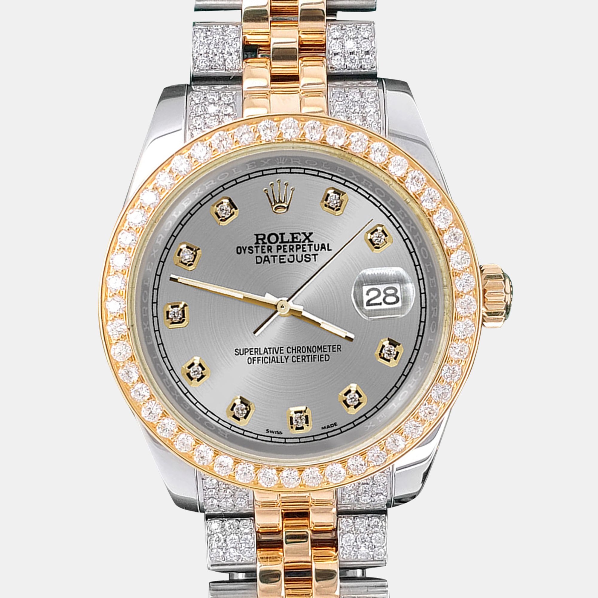 

Rolex Custom Gray 3.56ct Diamonds 18K Yellow Gold Stainless Steel Datejust 178273 Automatic Women's Wristwatch, Silver