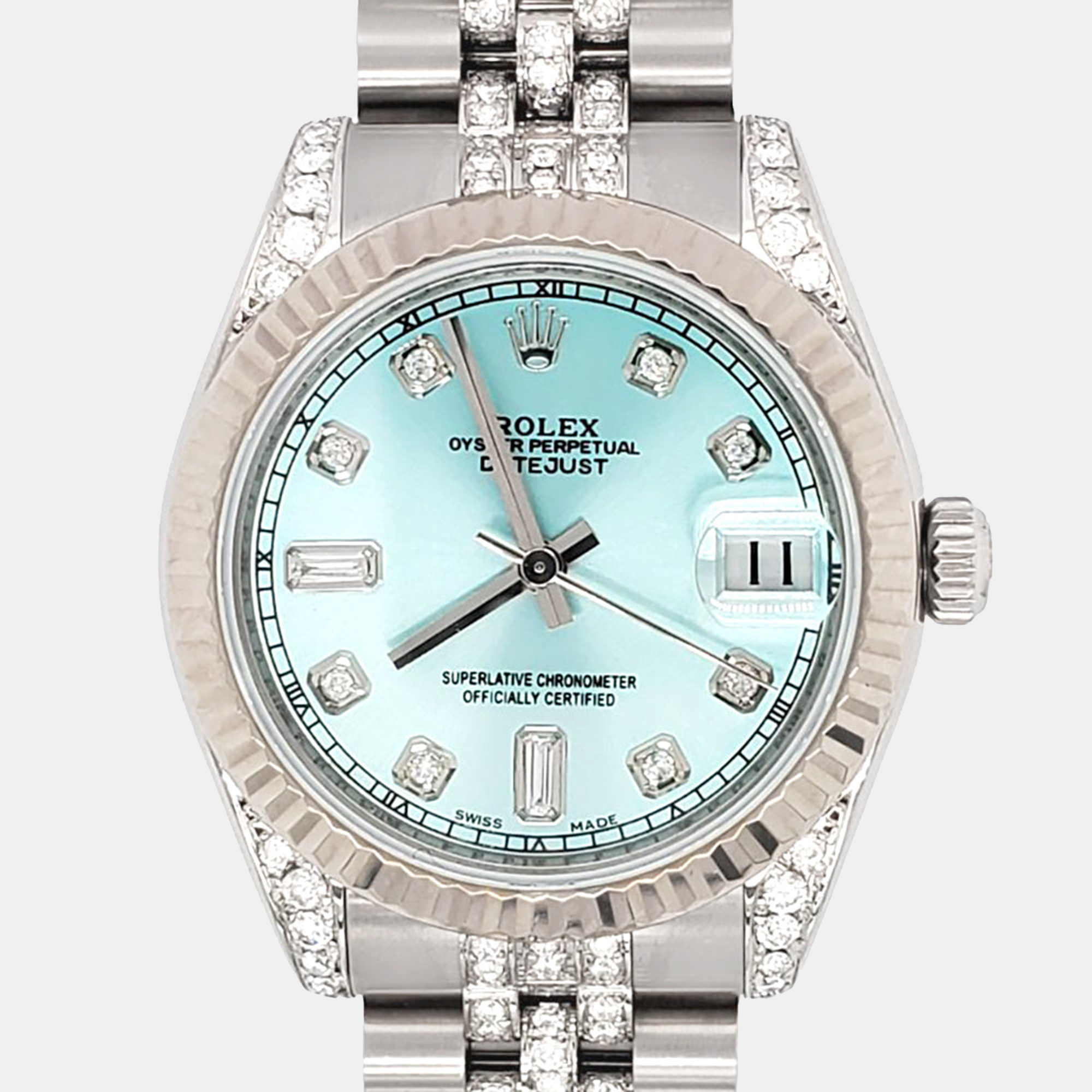 

Rolex datejust  3ct diamonds lugs bracelet turquoise baguette diamond dial steel 178274 Wristwatch, Blue