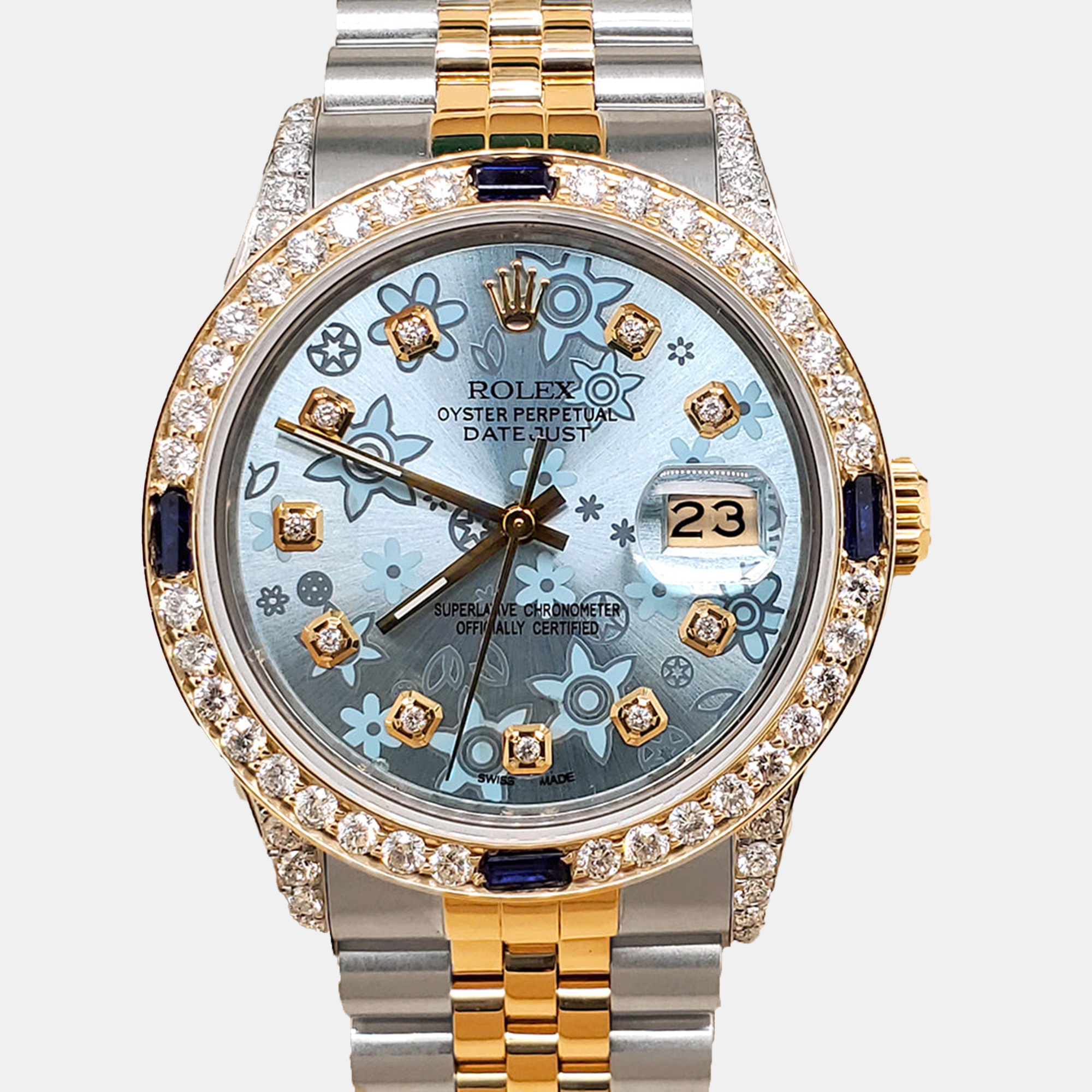 

Rolex datejust  2.48ct diamonds sapphires bezel lugs blue flower diamond dial yellow gold steel Wristwatch