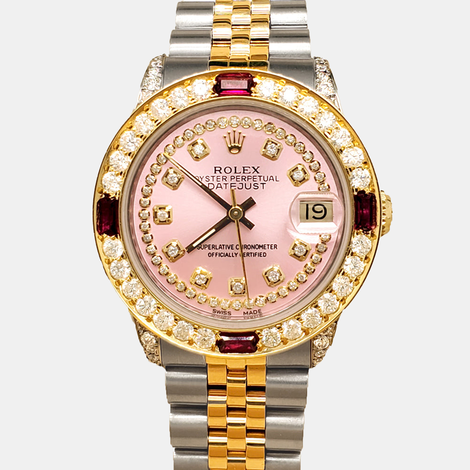 

Rolex datejust  2.32ct diamonds ruby bezel lugs orchid pink diamond dial yellow gold steel Wristwatch