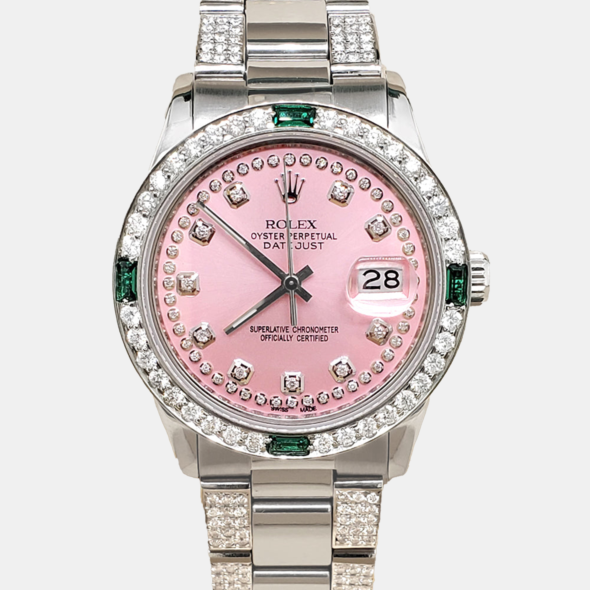 

Rolex datejust  4.9ct diamonds emeralds bezel bracelet orchid pink diamond dial steel Wristwatch