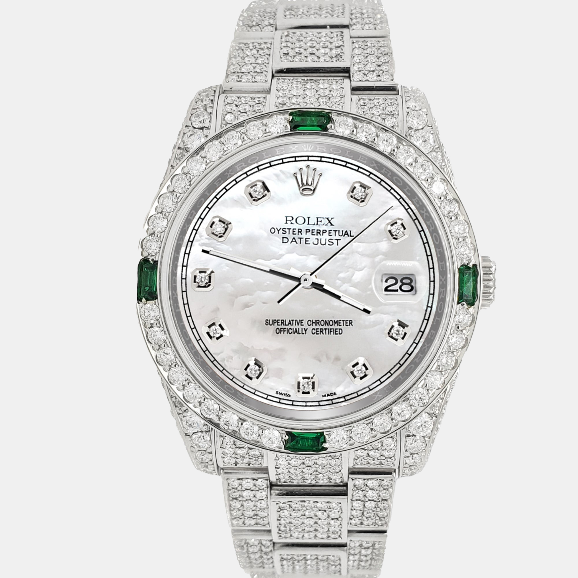 

Rolex datejust  12.4ct diamonds emeralds bezel case bracelet white mop diamond dial steel Wristwatch