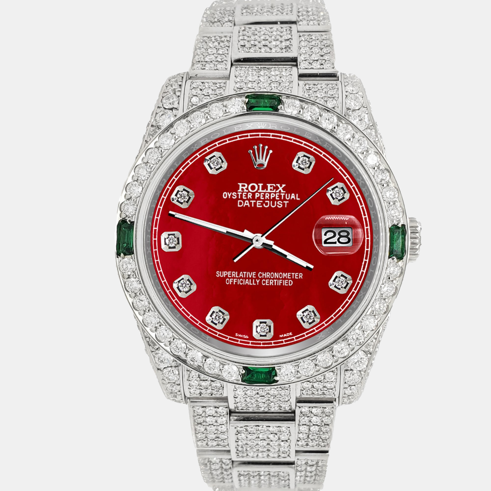 

Rolex datejust  12.4ct diamonds emeralds bezel case bracelet red mop diamond dial steel Wristwatch