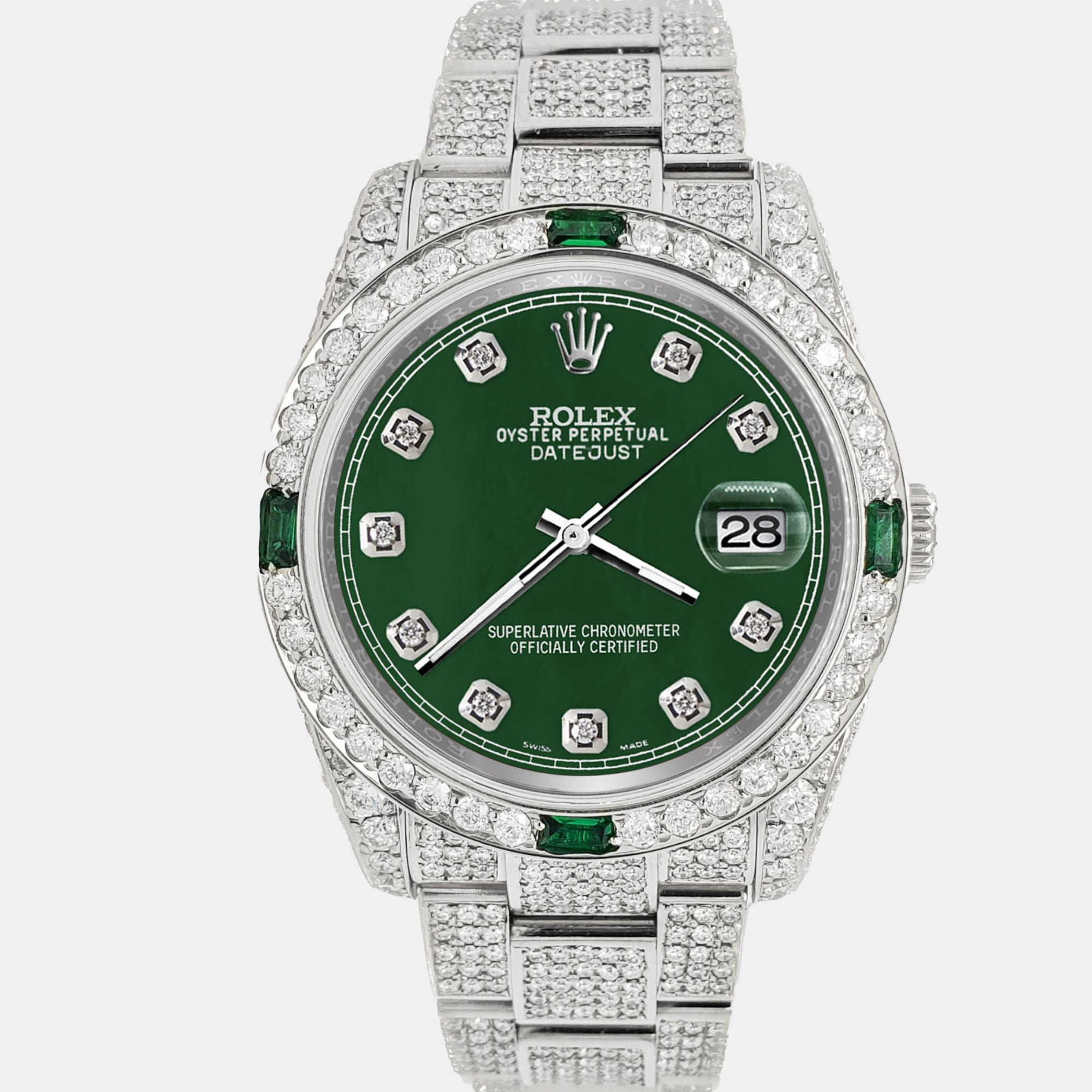 

Rolex datejust  12.4ct diamonds emeralds bezel case bracelet aquamarine forest green mop diamond dial 116234 steel Wristwatch