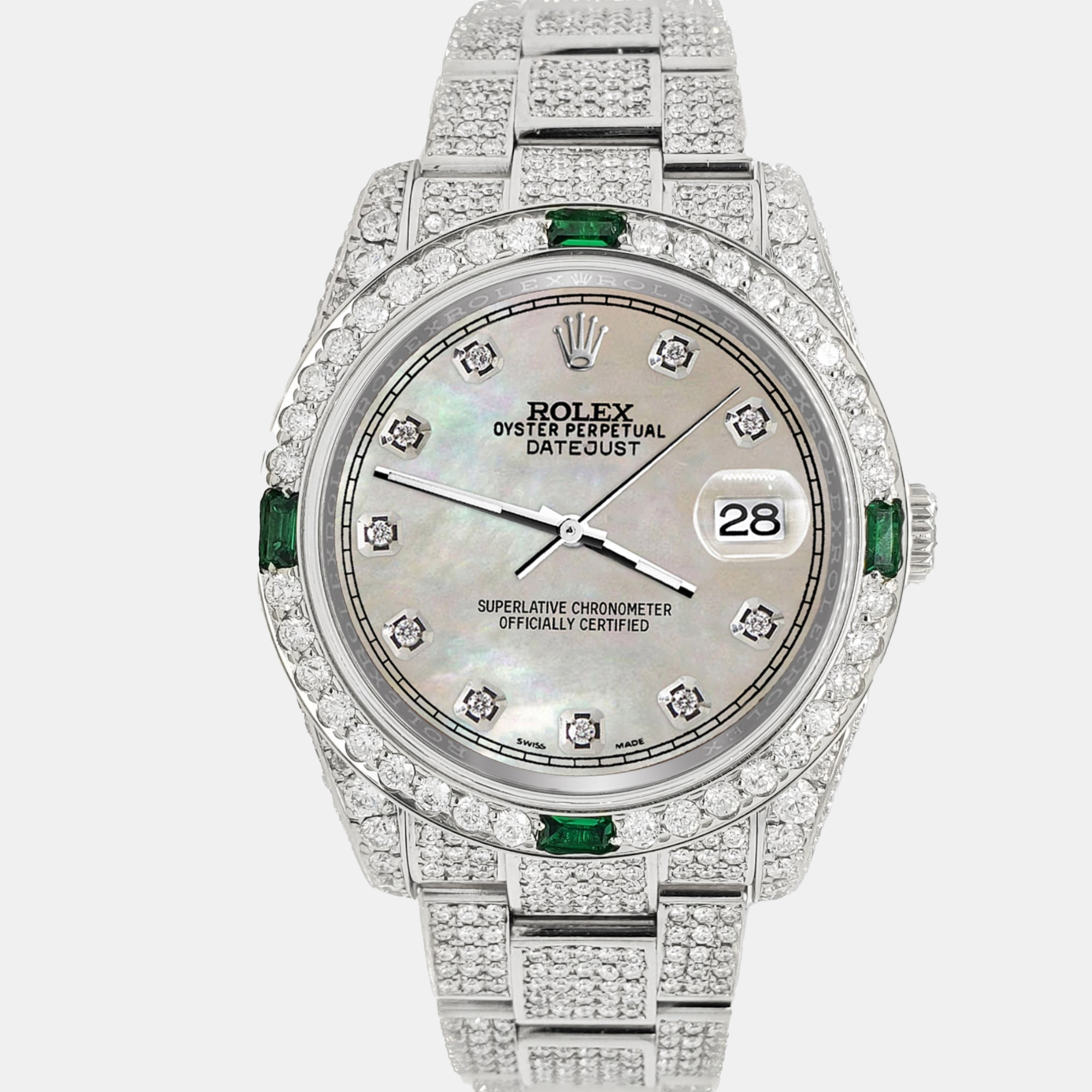 

Rolex datejust  12.4ct diamonds emeralds bezel case bracelet aquamarine champagne mop diamond dial 116234 steel Wristwatch, Gold