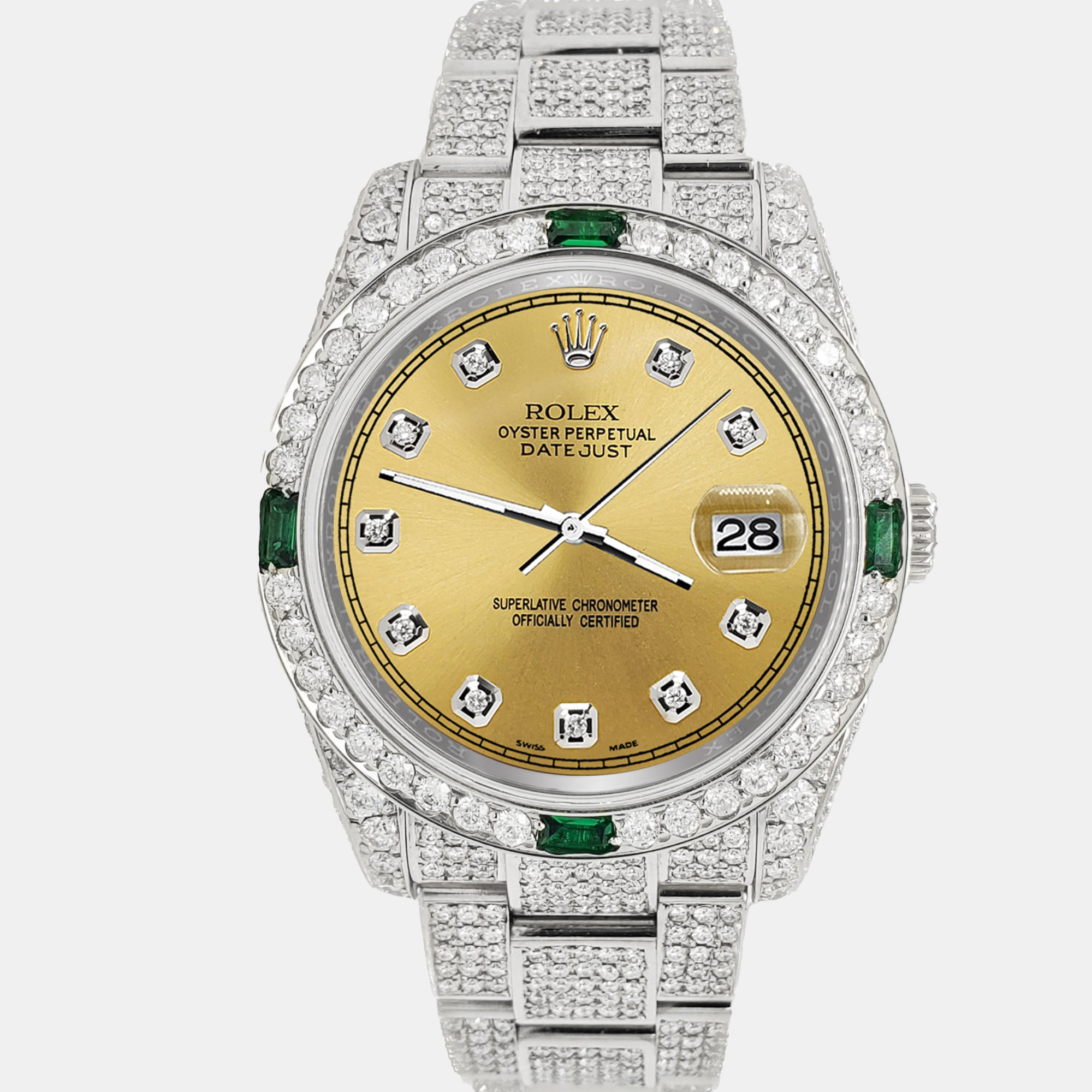 

Rolex datejust  12.4ct diamonds emeralds bezel case bracelet aquamarine champagne diamond dial 116234 steel Wristwatch, Gold