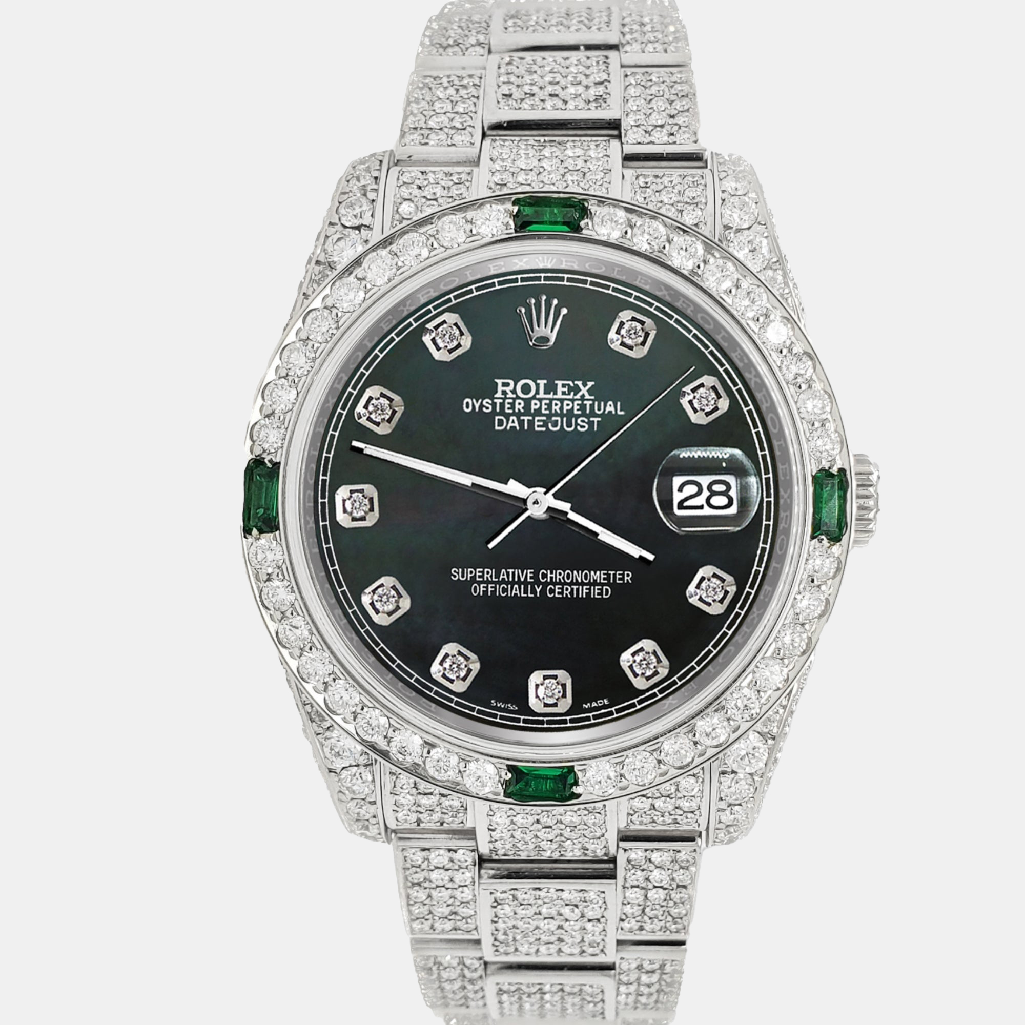 

Rolex datejust  12.4ct diamonds emeralds bezel case bracelet aquamarine black mop diamond dial 116234 steel Wristwatch