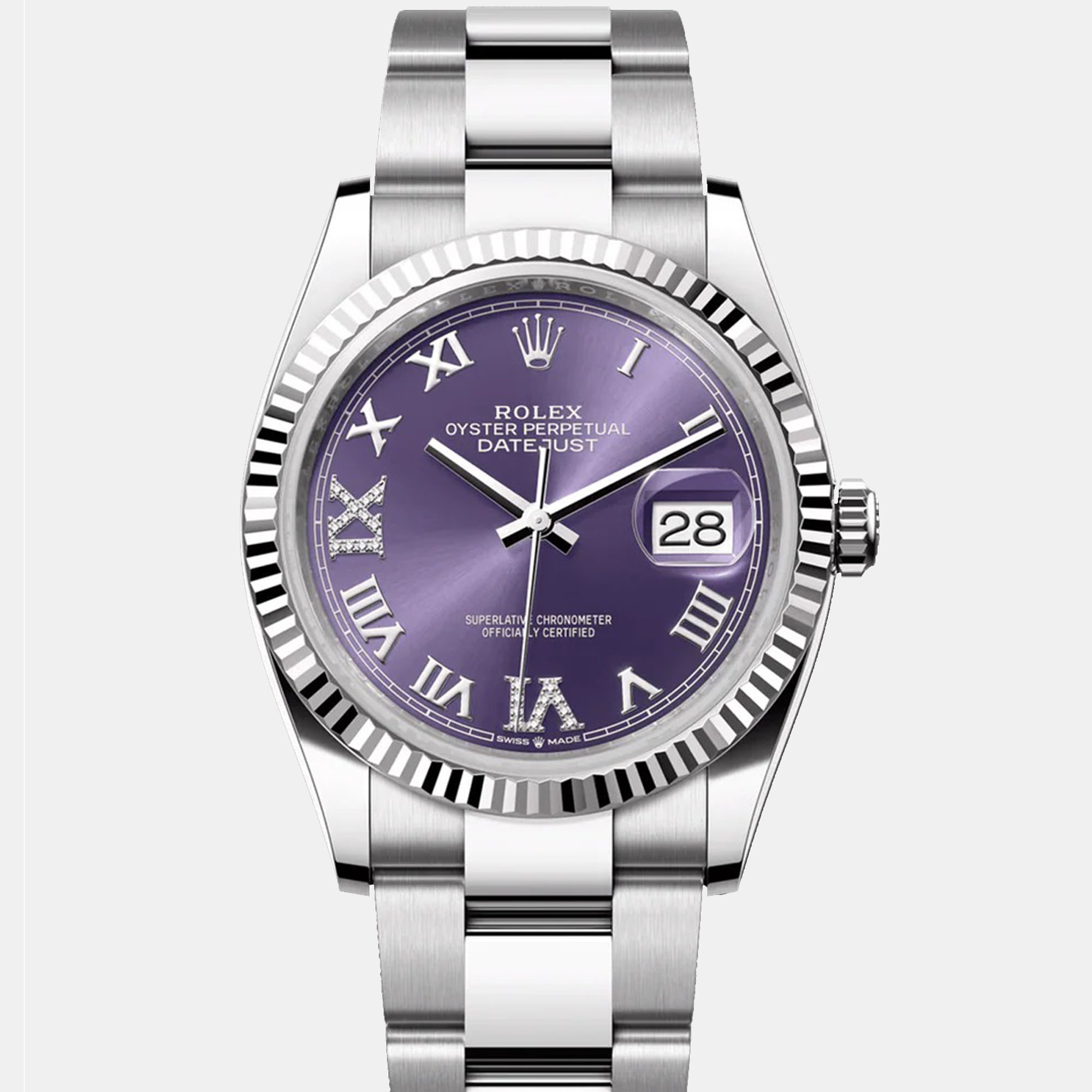 

Rolex Datejust 126234-0021 Automatic Purple Diamond Stainless Steel Women’s Wristwatch 36 mm