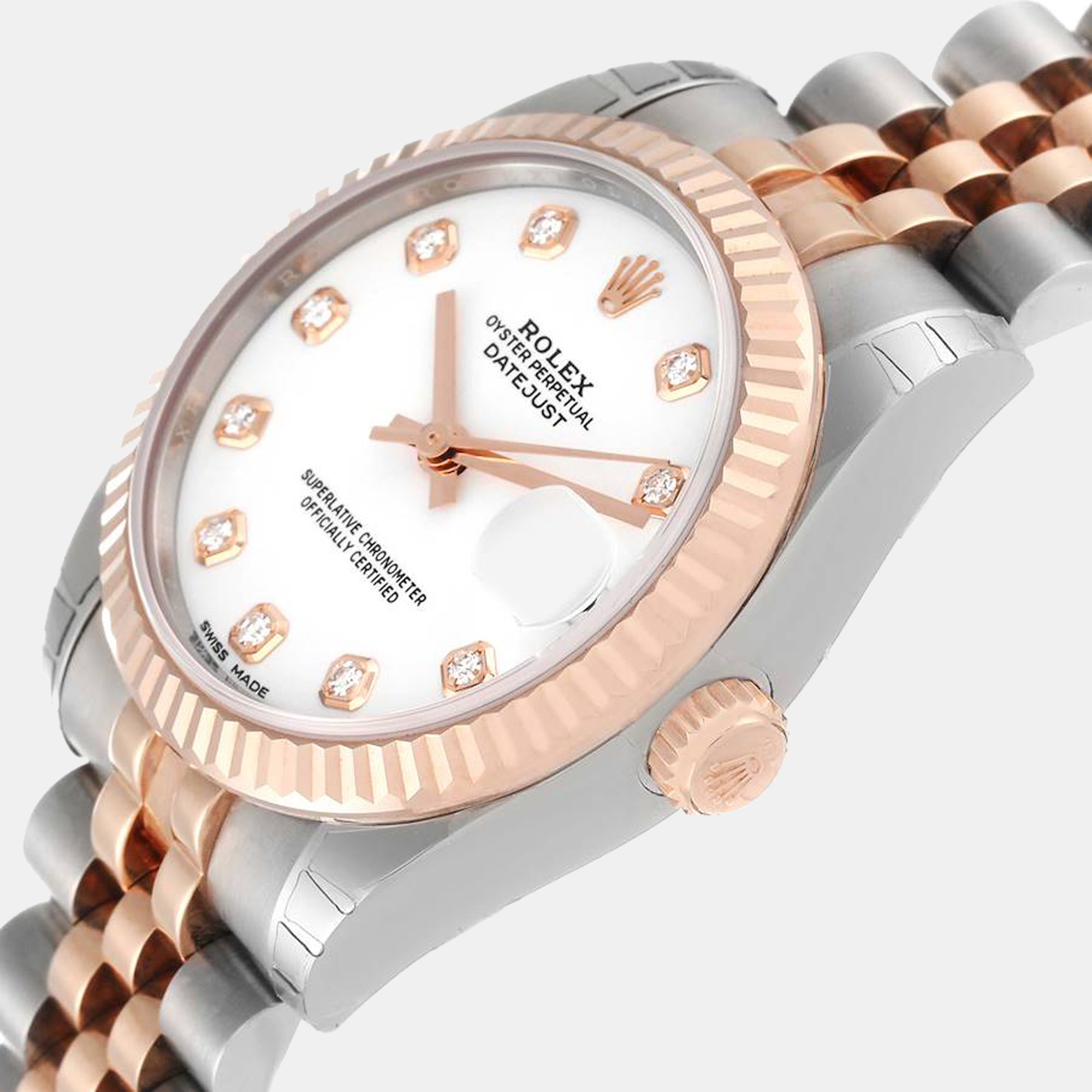 

Rolex White Diamonds 18K Rose Gold And Stainless Steel Datejust 178271 Women's Wristwatch 31 mm