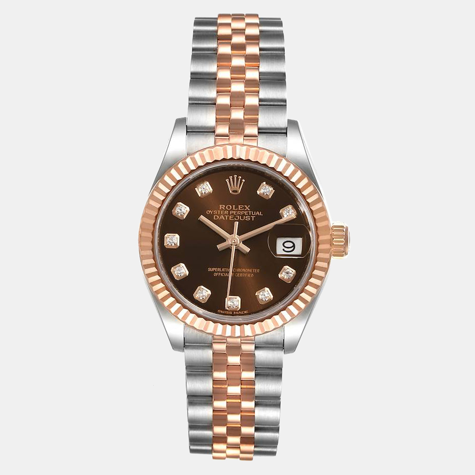 Pre-owned Rolex Chocolate Diamond 18k Rose Gold And Stainless Steel Datejust 279171 Women's Wristwatch 28 Mm In Brown