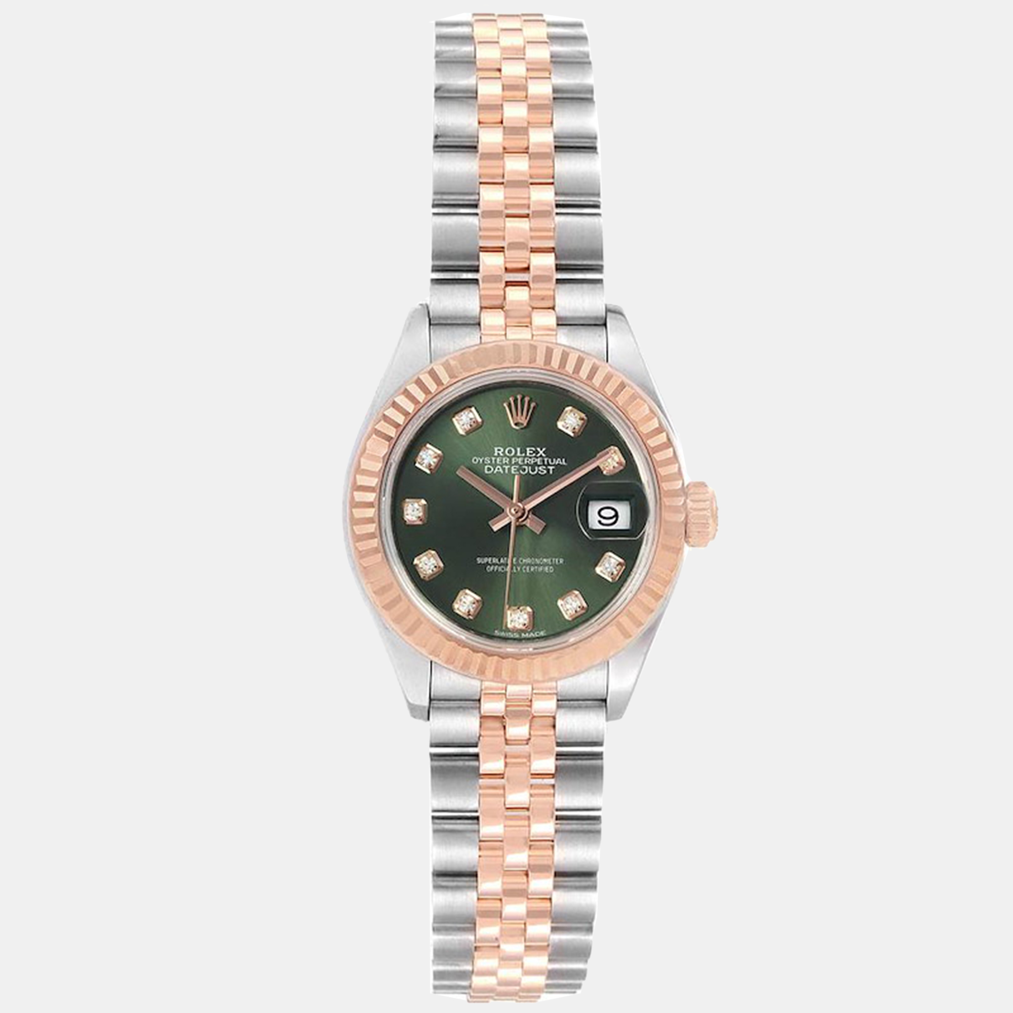 Pre-owned Rolex Green Diamond 18k Rose Gold And Stainless Steel Datejust 279171 Women's Wristwatch 28 Mm