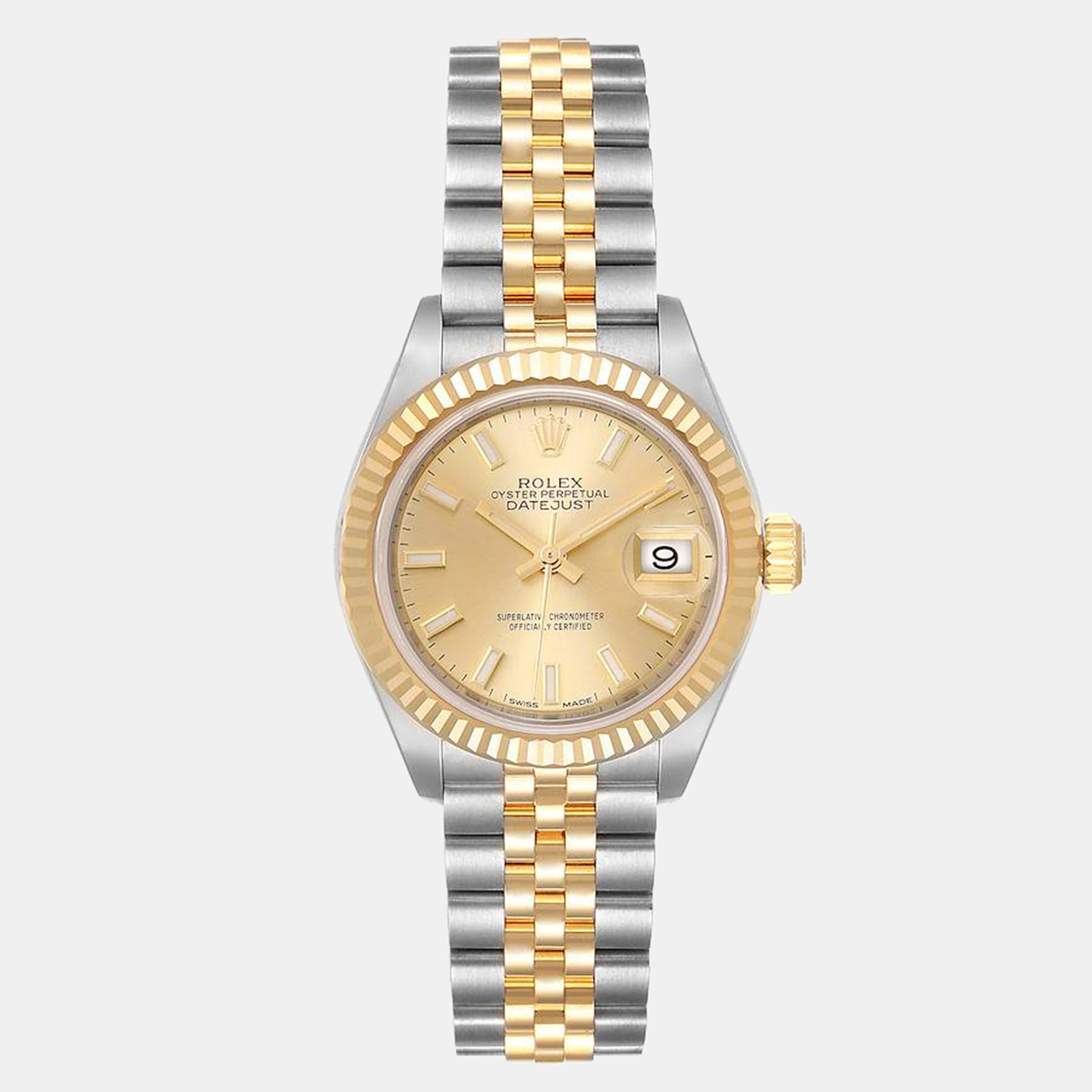 Pre-owned Rolex Champagne 18k Yellow Gold Stainless Steel Datejust 279173 Women's Wristwatch 28 Mm