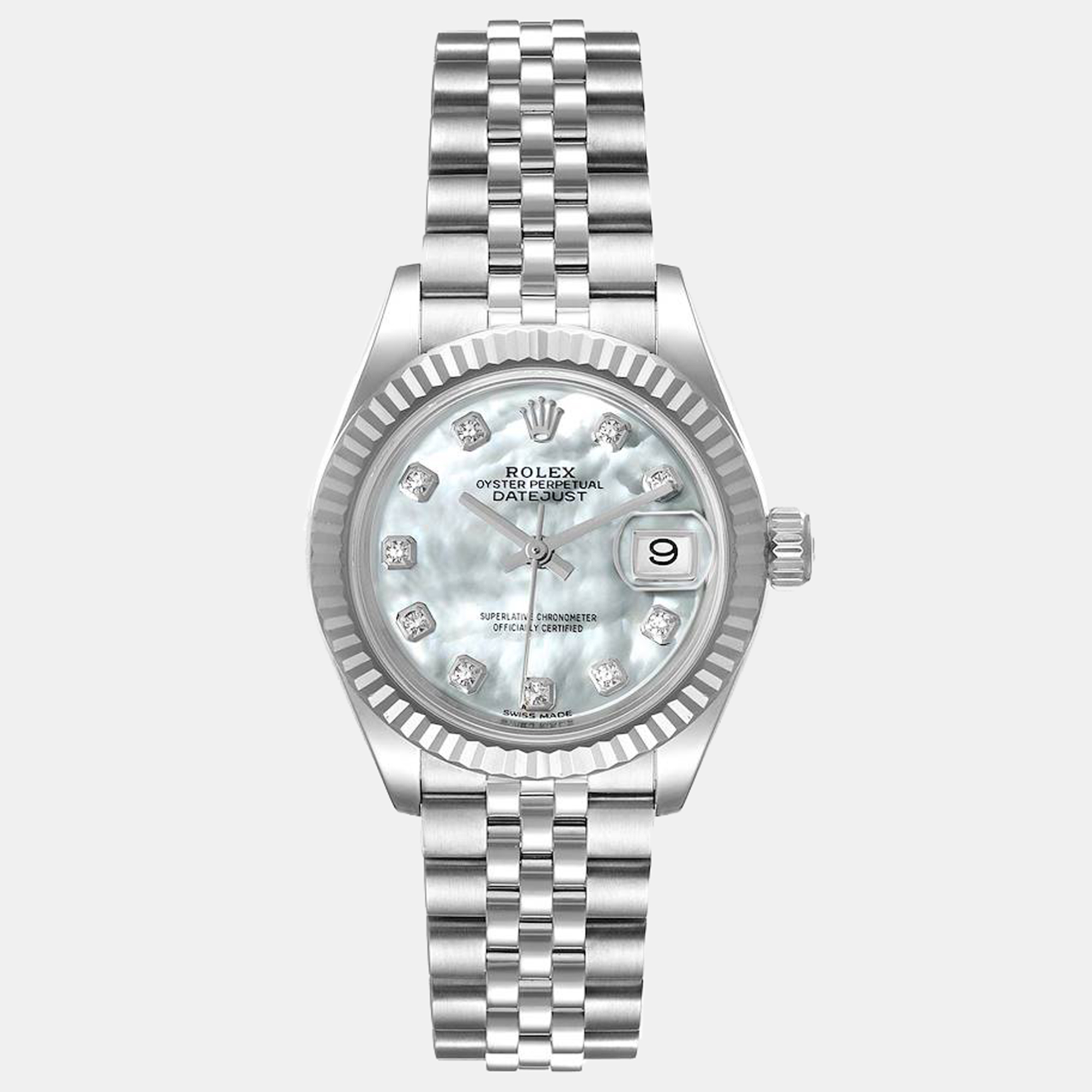 Pre-owned Rolex Diamond Mop 18k White Gold And Stainless Steel Datejust 279174 Women's Wristwatch 28 Mm