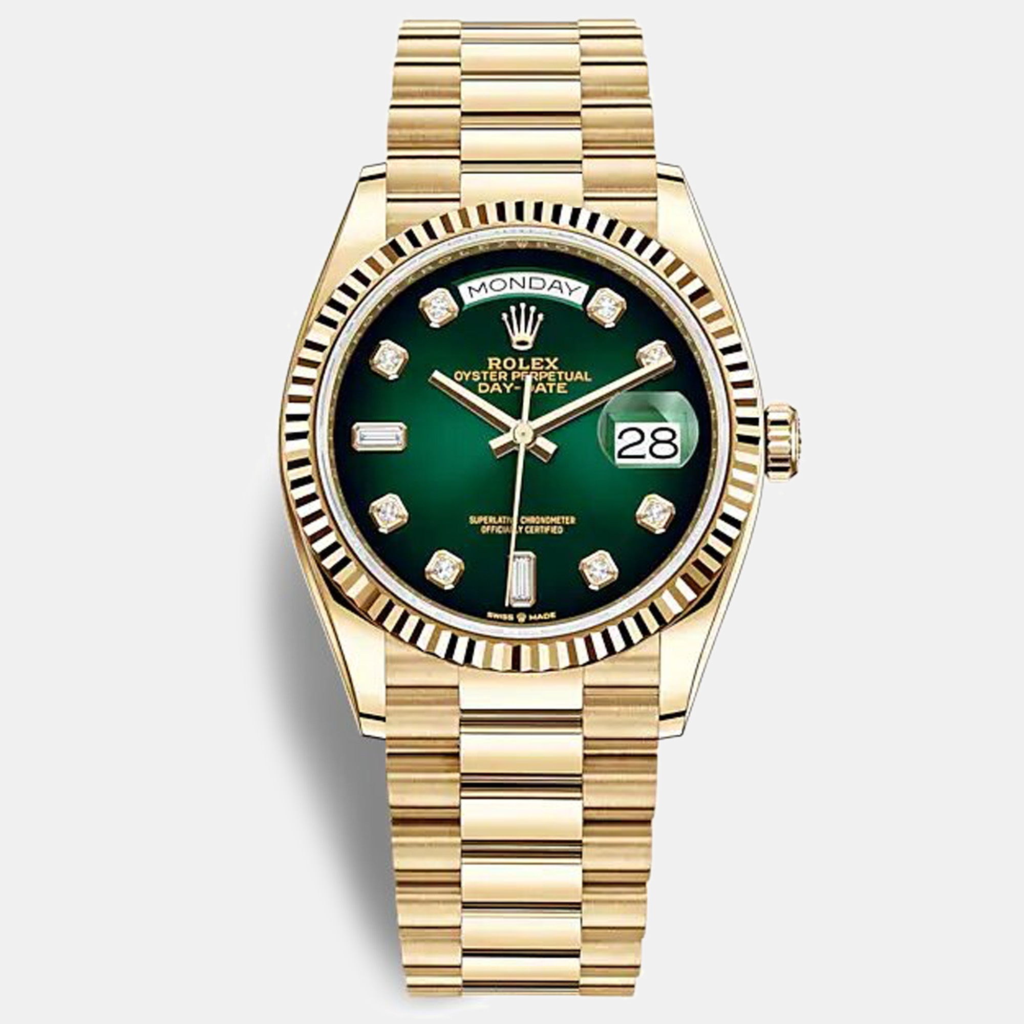 Pre-owned Rolex Day-date Green Dial Baguette Markers 18k Yellow Gold 36 Mm