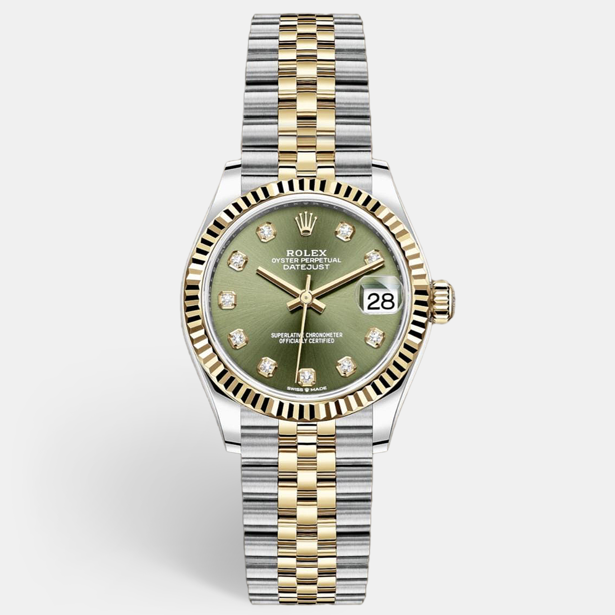 Pre-owned Rolex Olive Dial Diamond Markers Lady Datejust 18k Yellow Gold Tt 31 Mm In Green