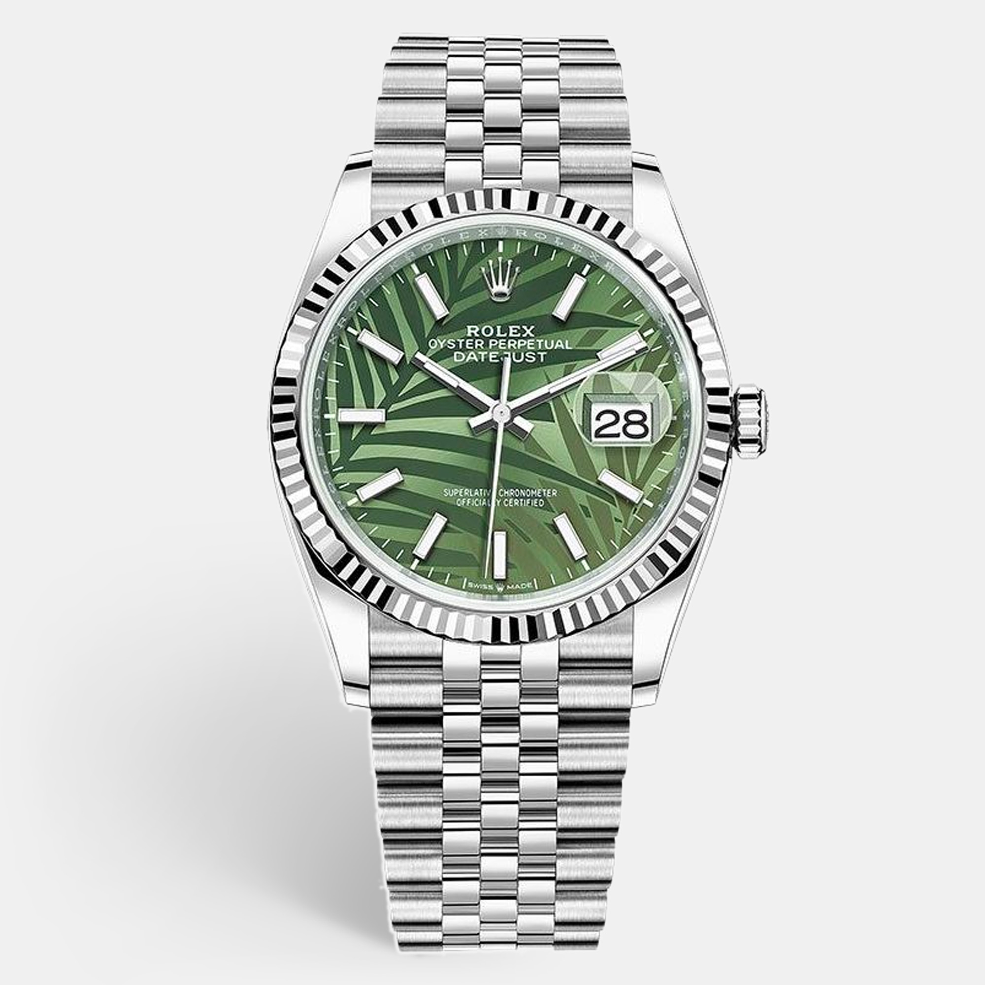 Pre-owned Rolex Datejust Green Palm Dial 36 Mm