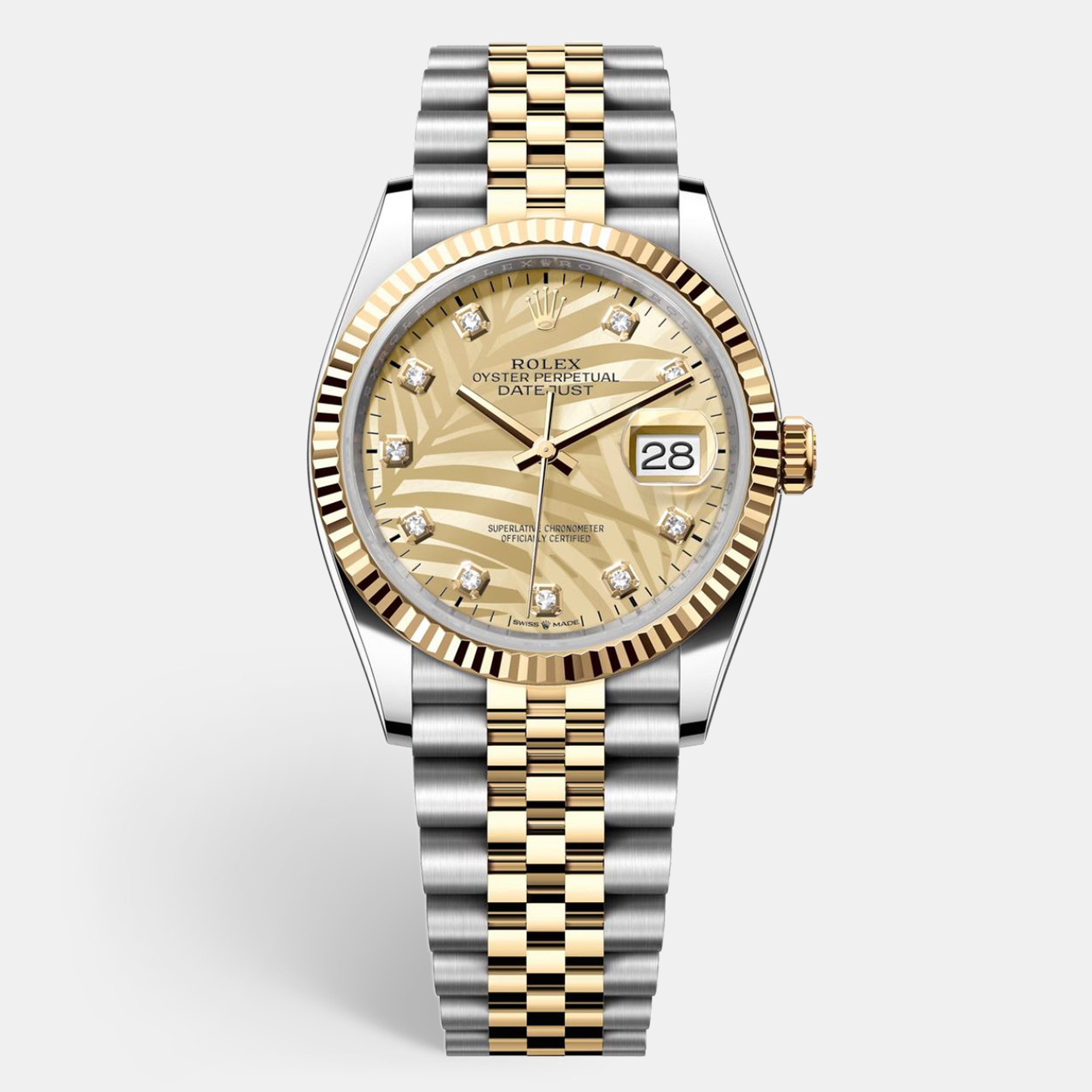 

Rolex Datejust Champagne Diamond Palm Dial Yellow Gold & Steel