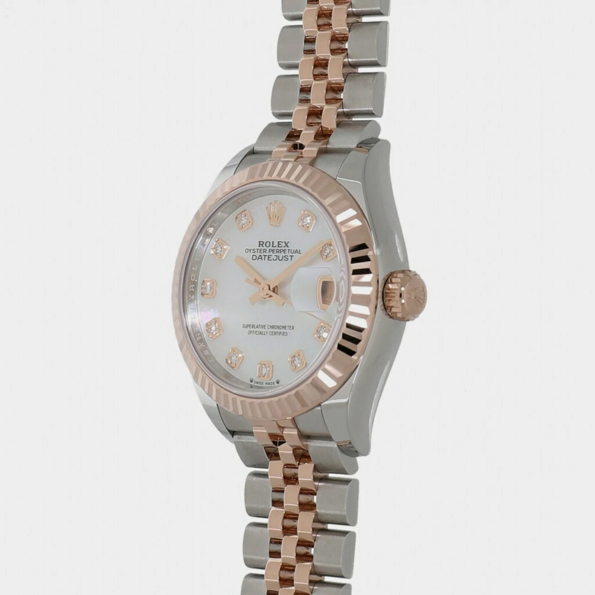 

Rolex White Shell Diamond 18k Rose Gold And Stainless Steel Datejust 279171 Automatic Women's Wristwatch 28 mm