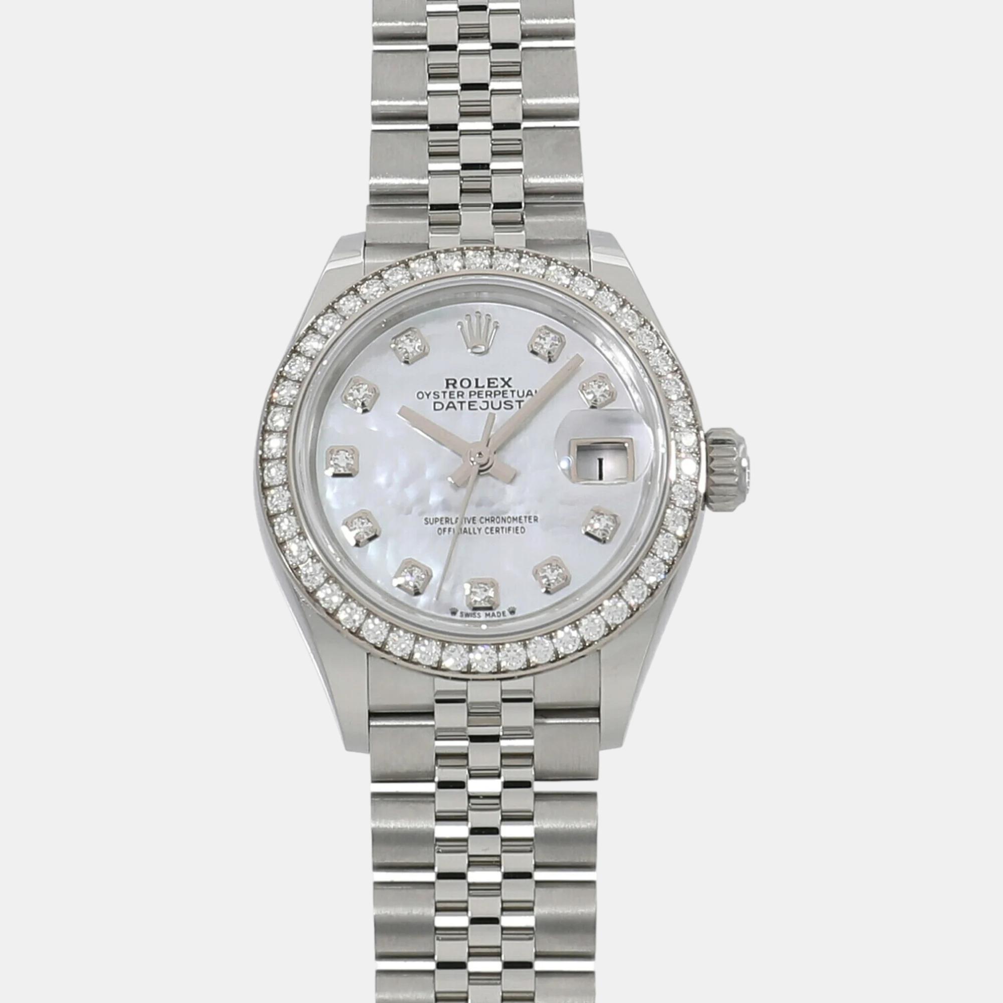 

Rolex White Shell 18k White Gold Stainless Steel Diamond Datejust 279384RBR Automatic Women's Wristwatch 28 mm