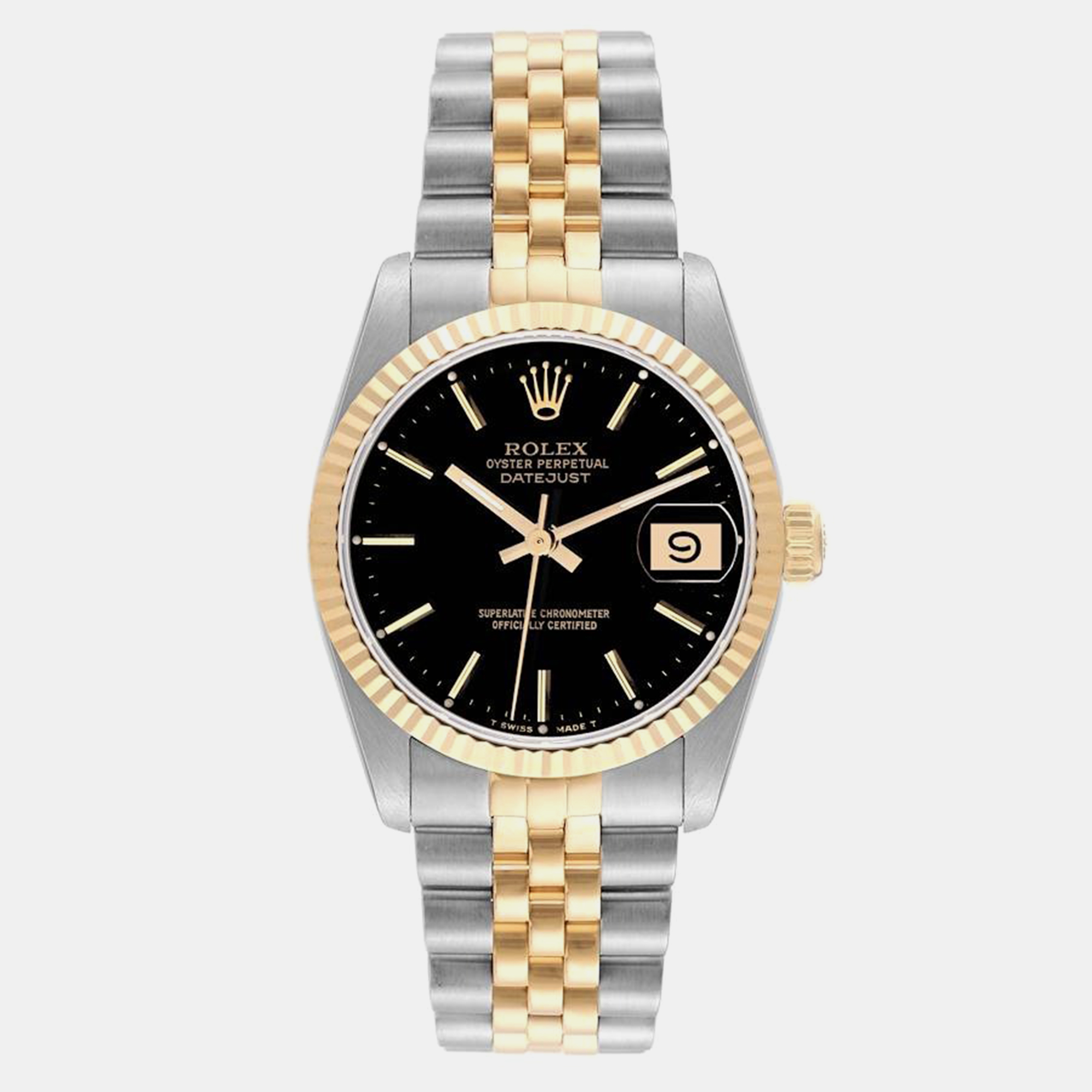 Pre-owned Rolex Datejust Midsize Steel Yellow Gold Black Dial Ladies Watch 31 Mm