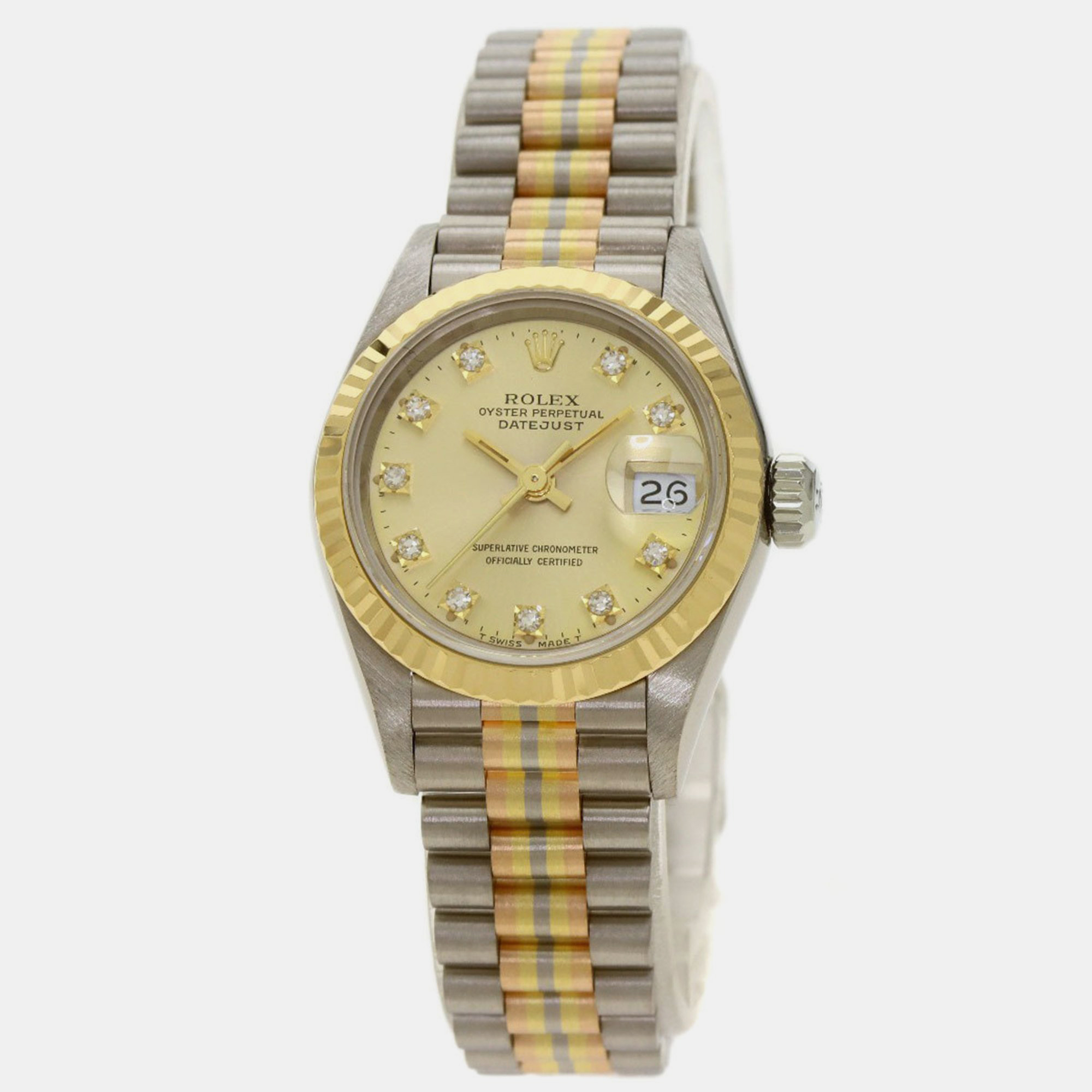 

Rolex Champagne 18k Yellow Gold Rose Gold White Gold Datejust 69179 Automatic Women's Wristwatch 26 mm