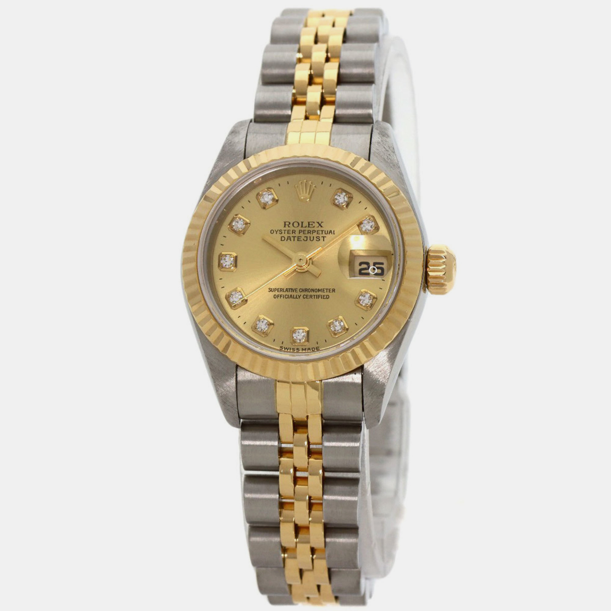 

Rolex Champagne Diamond 18k Yellow Gold Stainless Steel Datejust 79173 Automatic Women's Wristwatch 26 mm