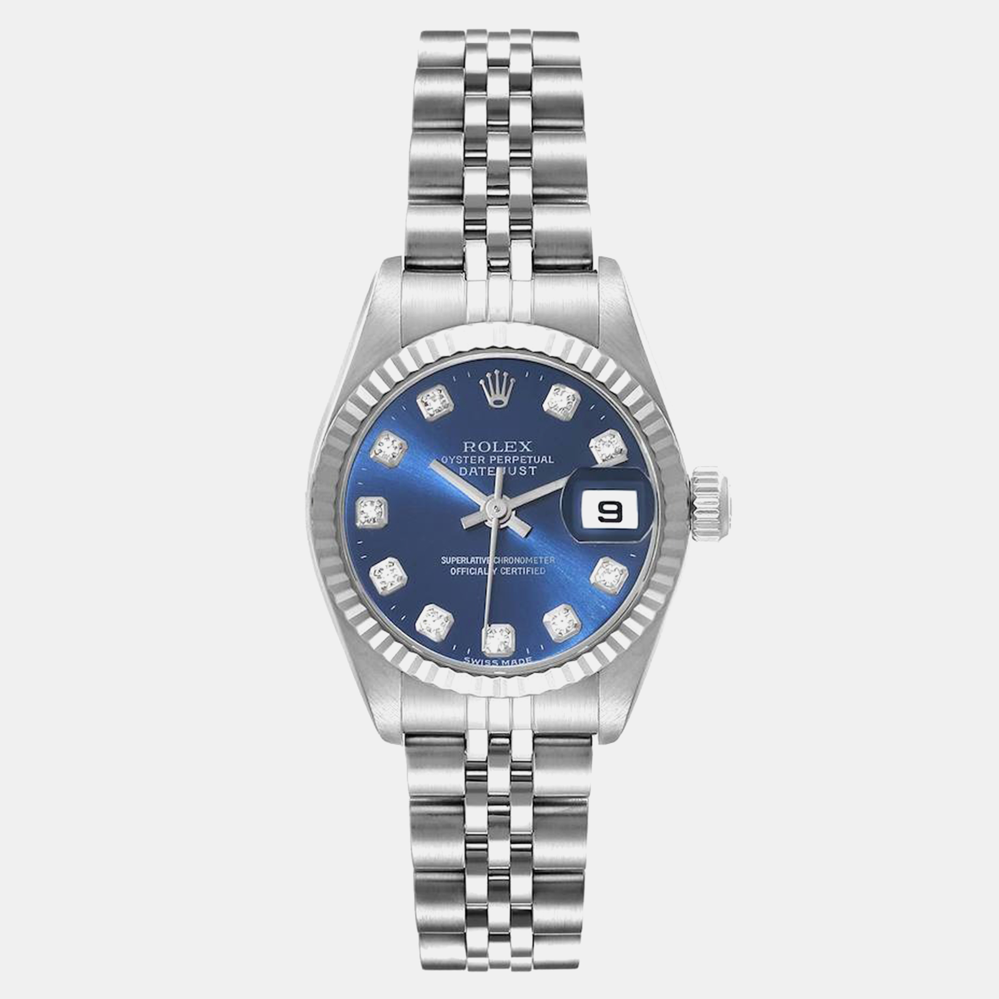 

Rolex Datejust Blue Diamond Dial White Gold Steel Ladies Watch 79174 26 mm