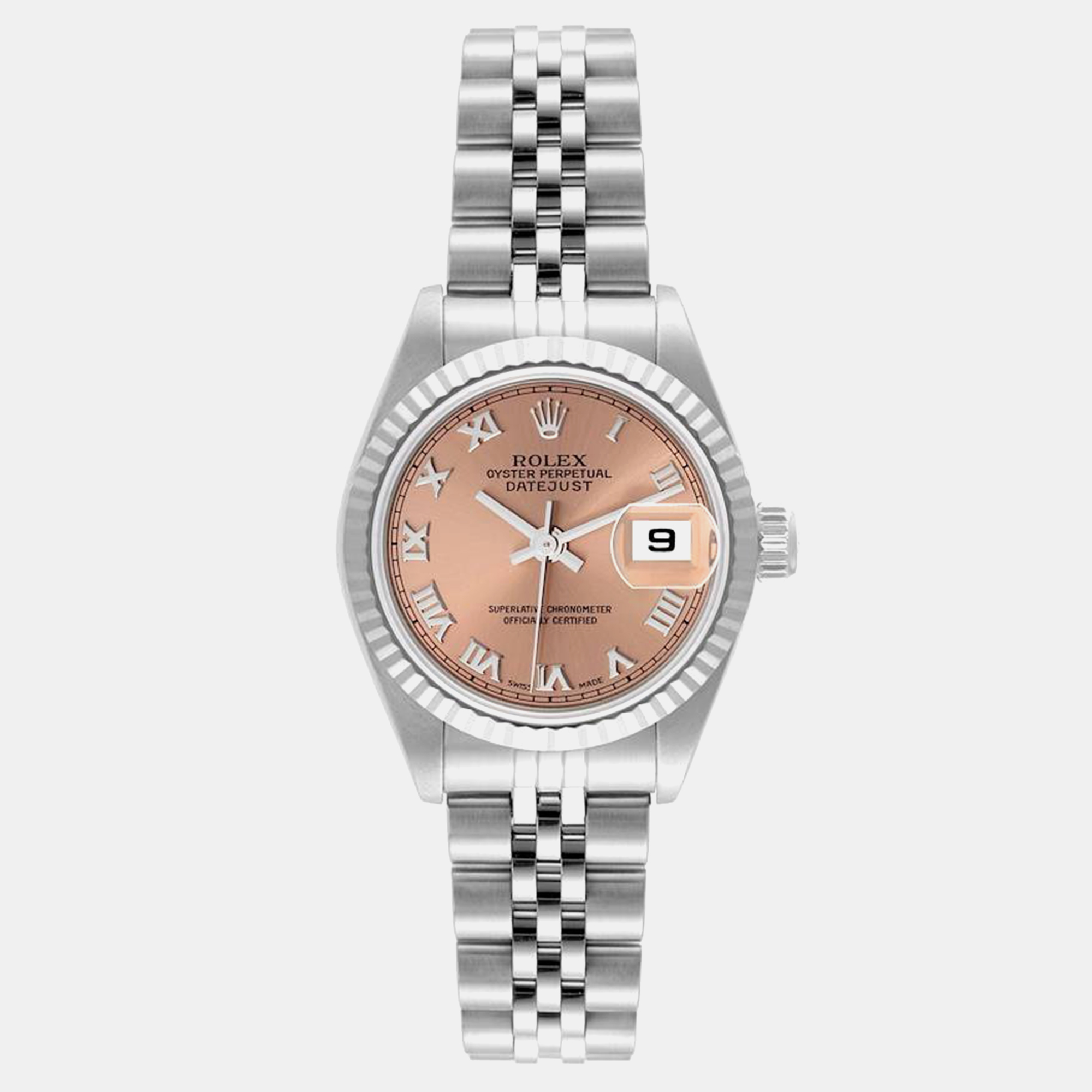 Pre-owned Rolex Datejust Salmon Dial Steel White Gold Ladies Watch 79174 26 Mm In Pink