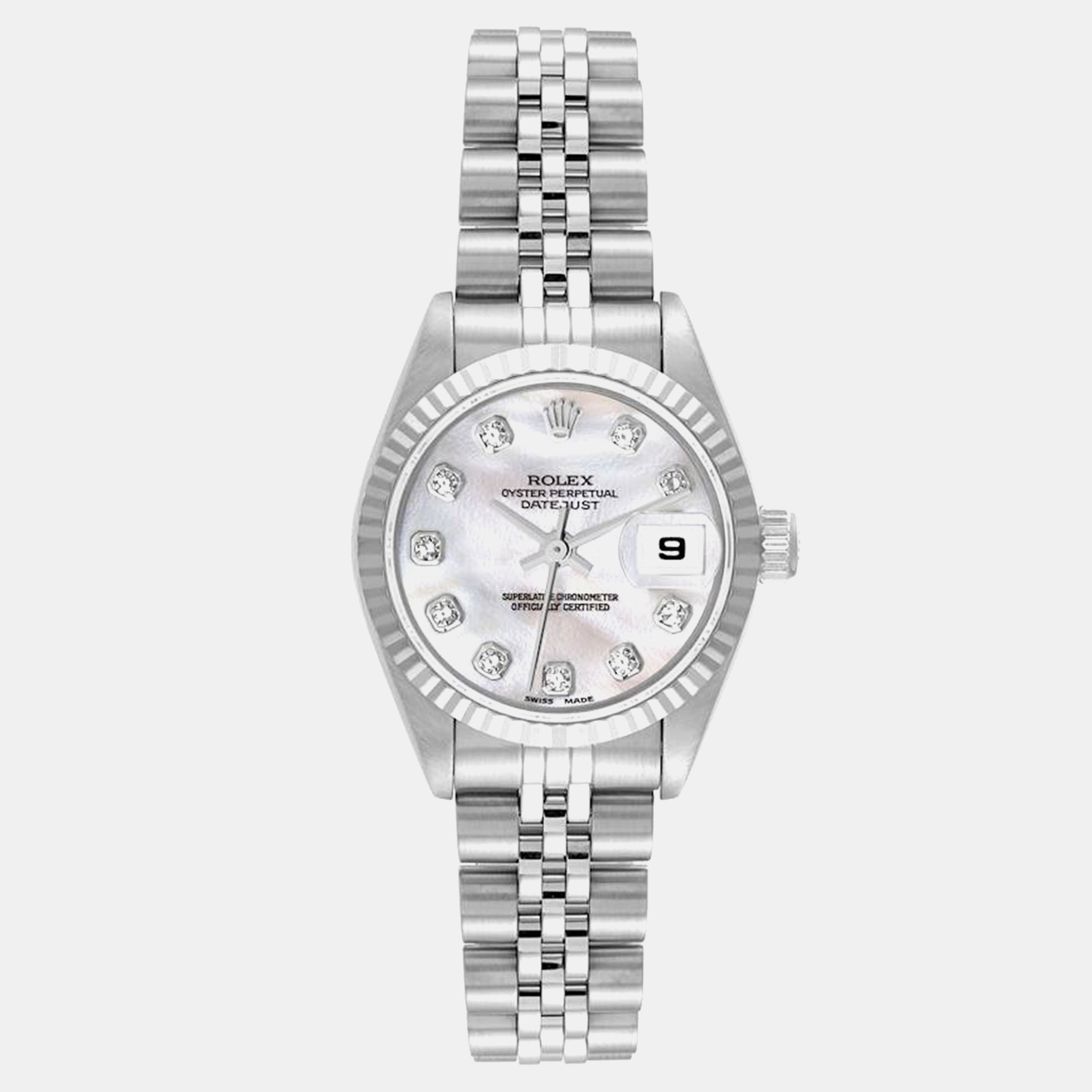 

Rolex Datejust Steel White Gold Mother of Pearl Diamond Ladies Watch 79174 26 mm, Silver