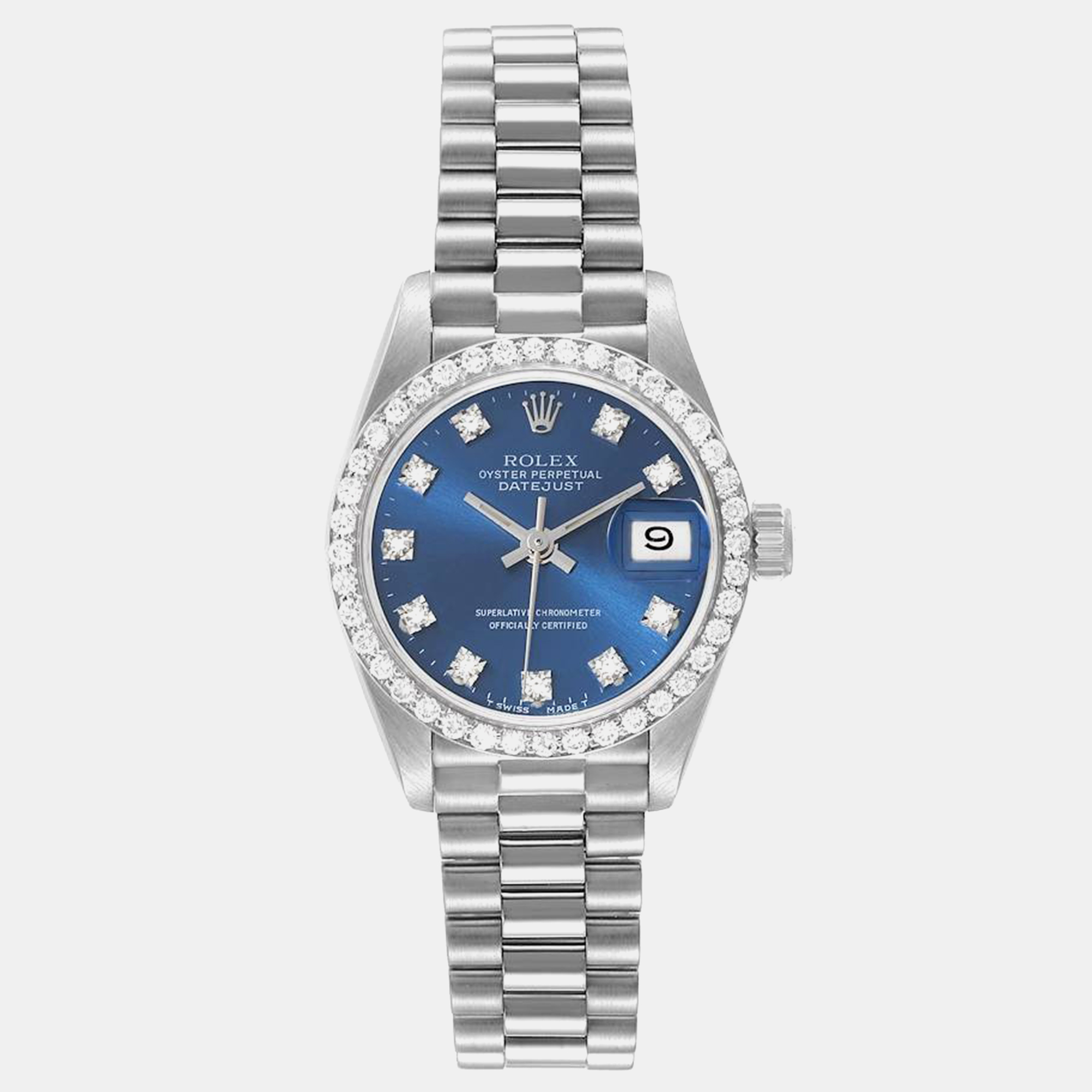 Pre-owned Rolex President Datejust White Gold Diamond Ladies Watch 69139 26 Mm In Blue
