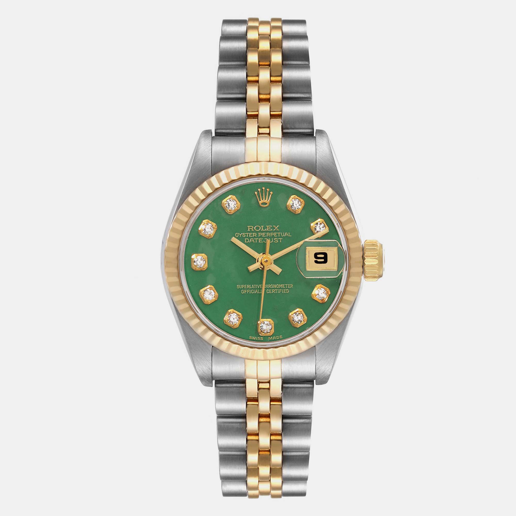 Pre-owned Rolex Datejust Steel Yellow Gold Diamond Jadeite Ladies Watch 26.0 Mm In Green
