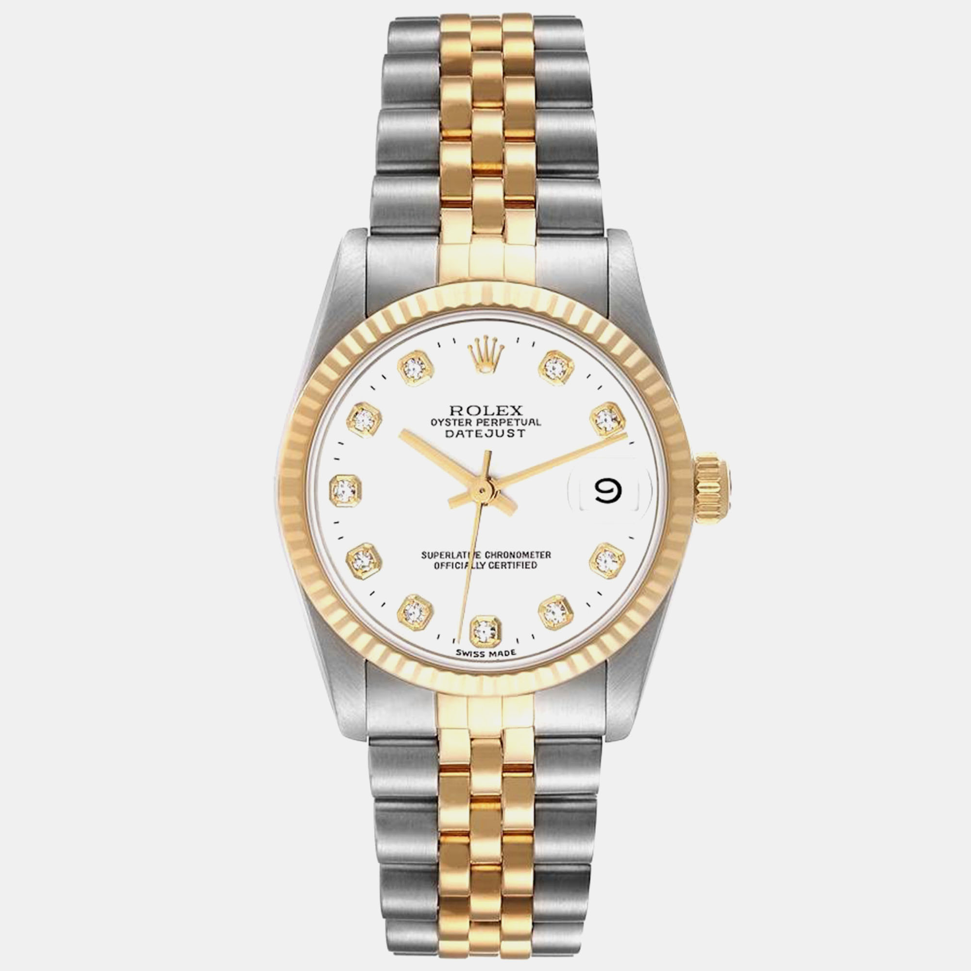 

Rolex Datejust Midsize Steel Yellow Gold Diamond Ladies Watch 31 mm, White