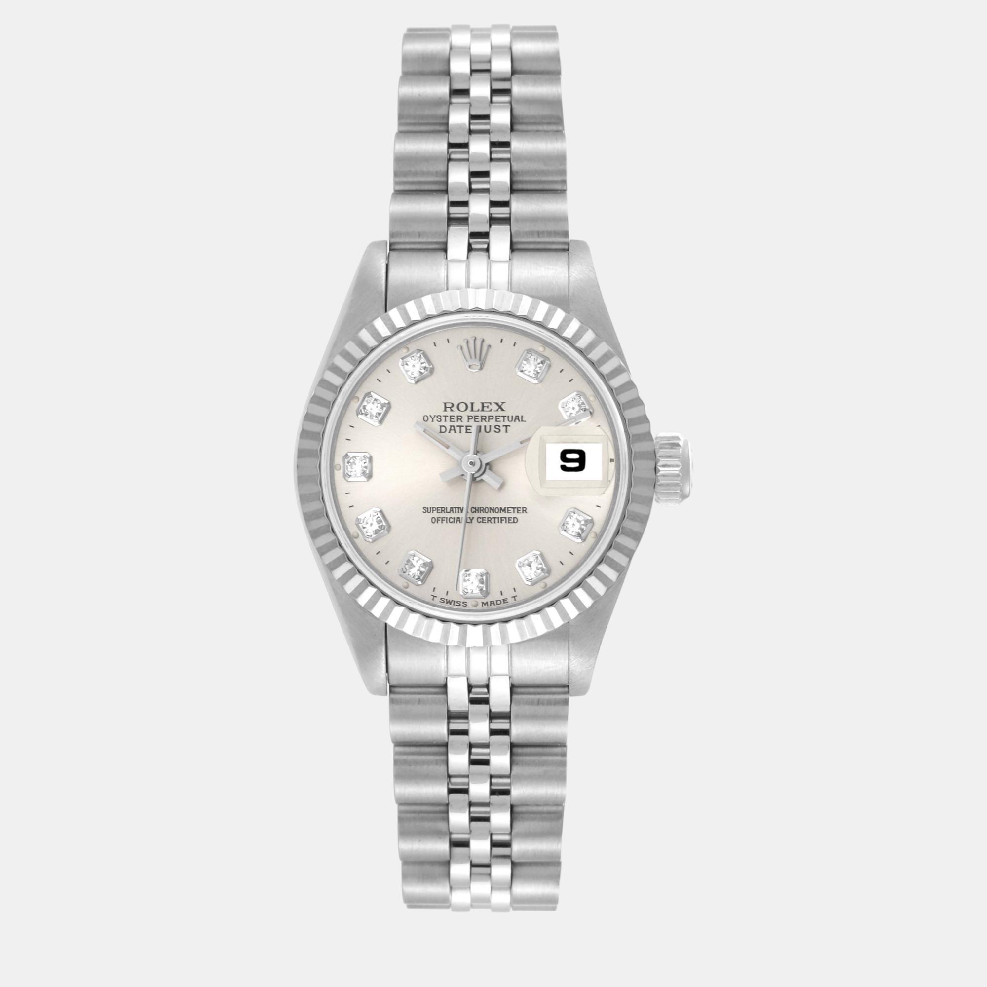 Pre-owned Rolex Datejust Steel White Gold Silver Diamond Dial Ladies Watch 69174