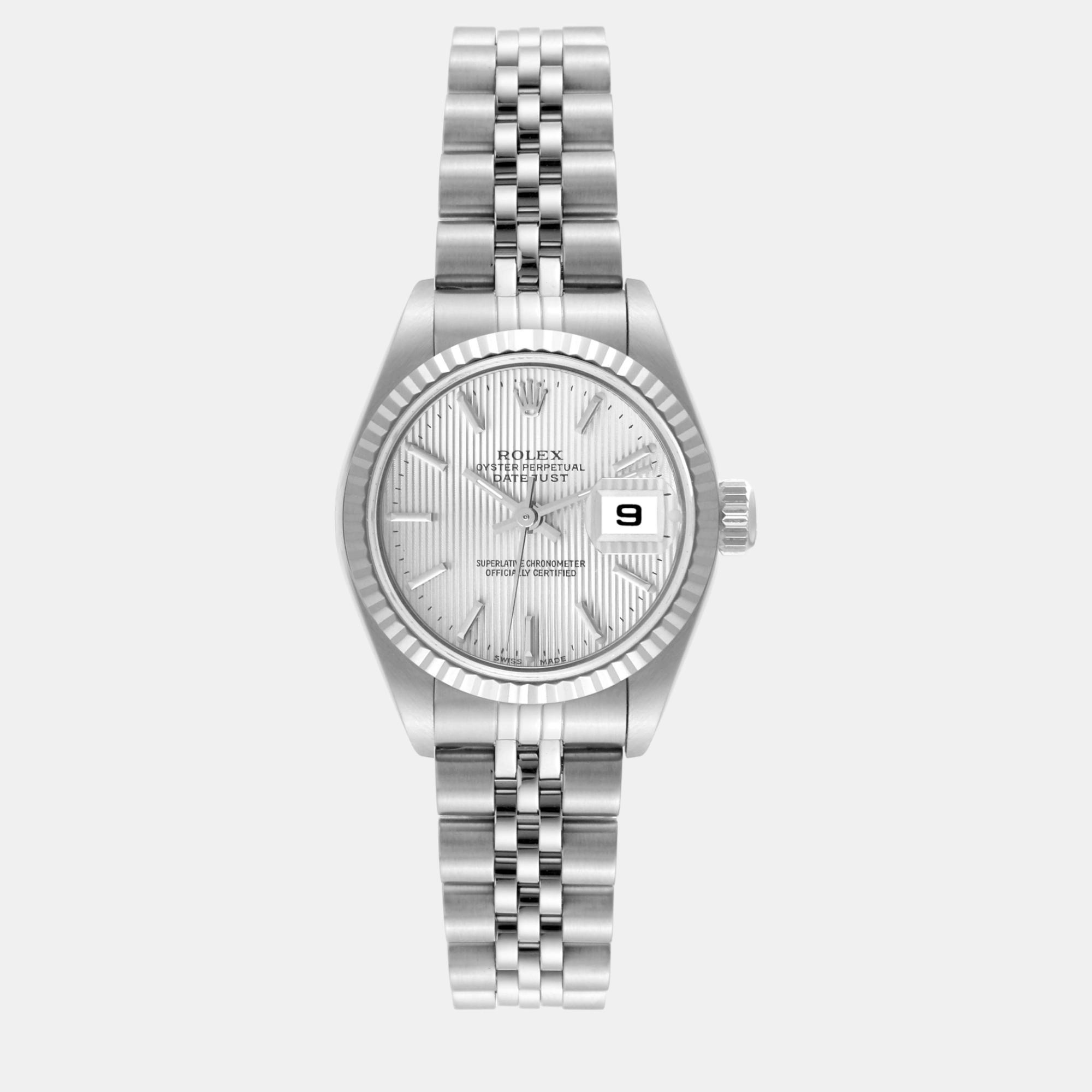

Rolex Datejust 26 Steel White Gold Tapestry Dial Ladies Watch 79174, Silver