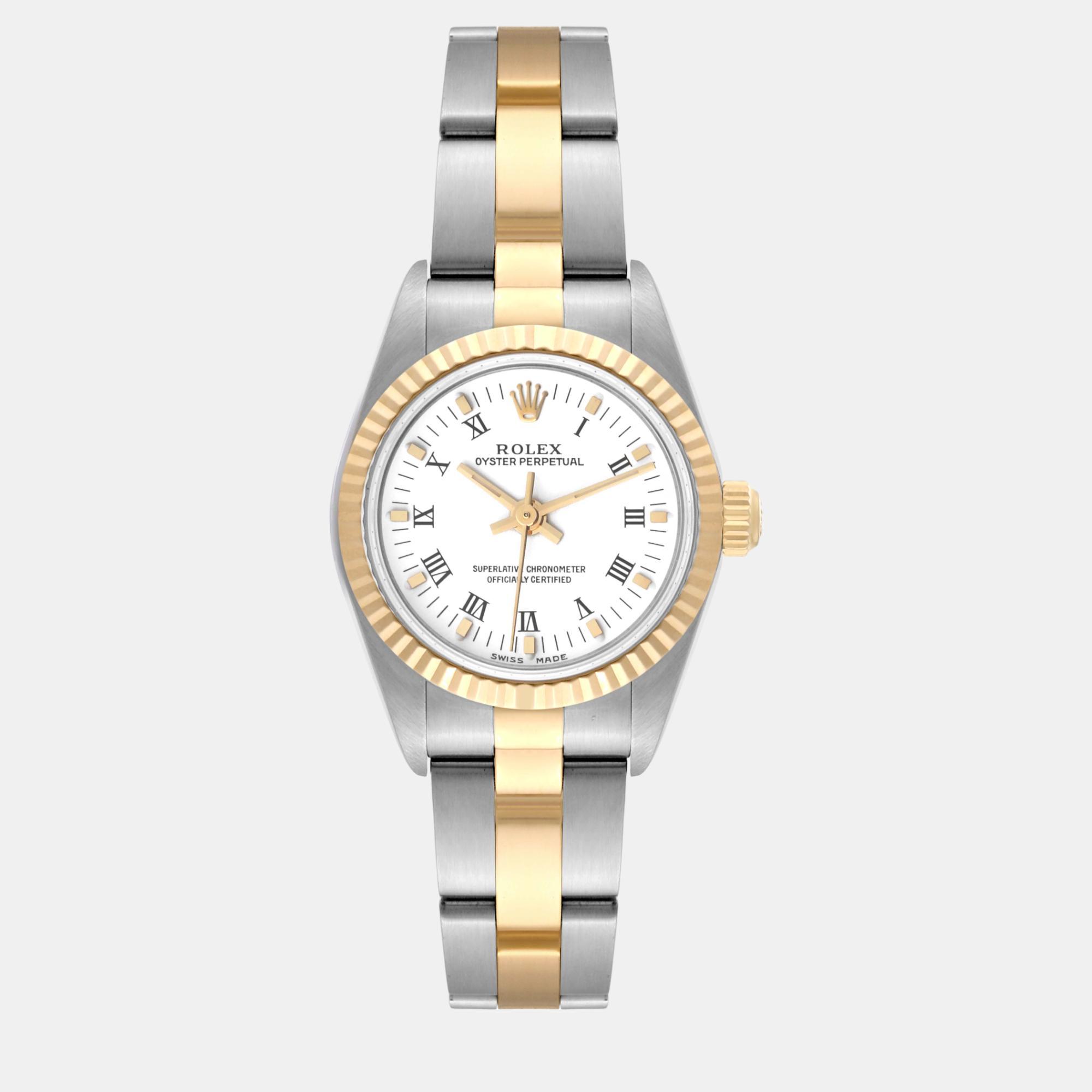 Pre-owned Rolex Oyster Perpetual Steel Yellow Gold White Dial Ladies Watch 76193