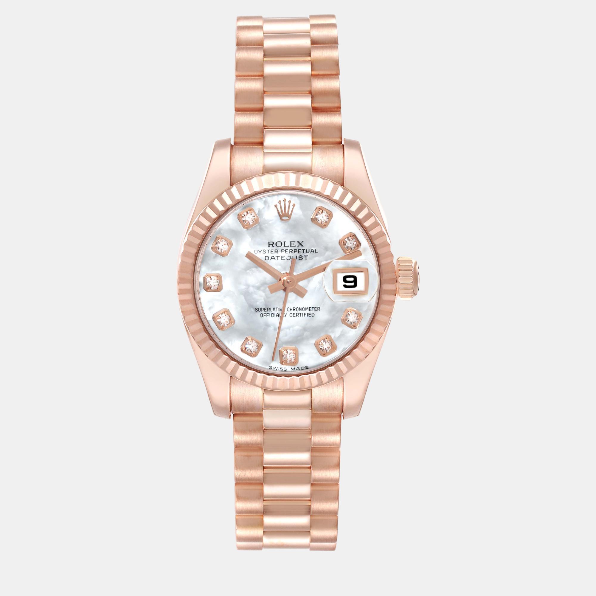 Pre-owned Rolex President Rose Gold Mop Diamond Dial Ladies Watch 179175 In White