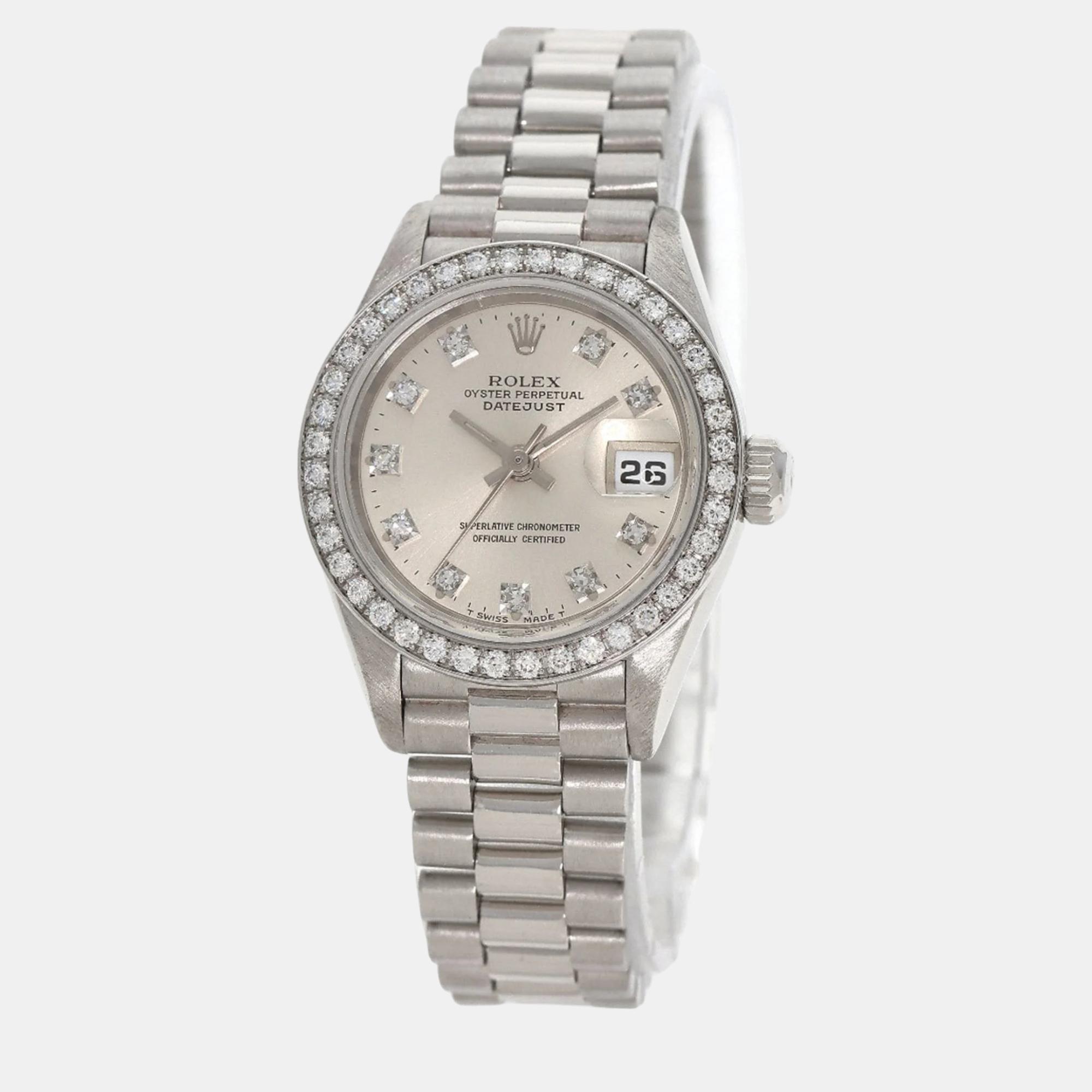 

Rolex Silver Diamond Platinum Datejust 69136 Automatic Women's Wristwatch 26 mm