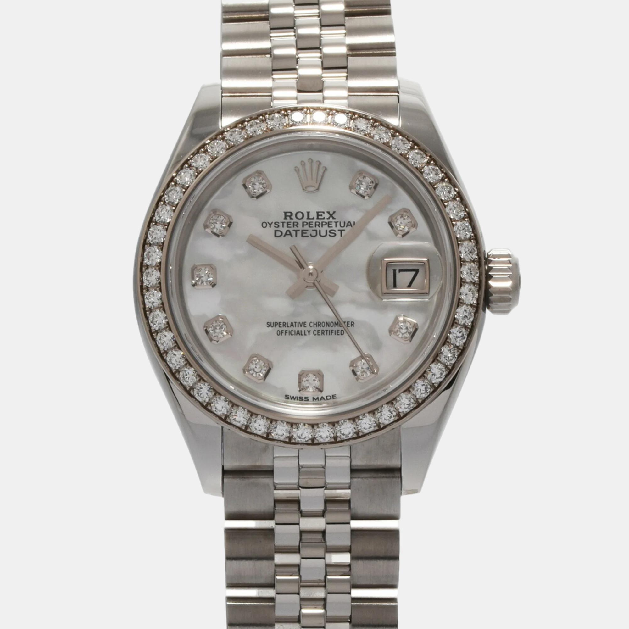 

Rolex White Shell Diamond 18k White Gold Stainless Steel Datejust 279384RBR Automatic Women's Wristwatch 28 mm