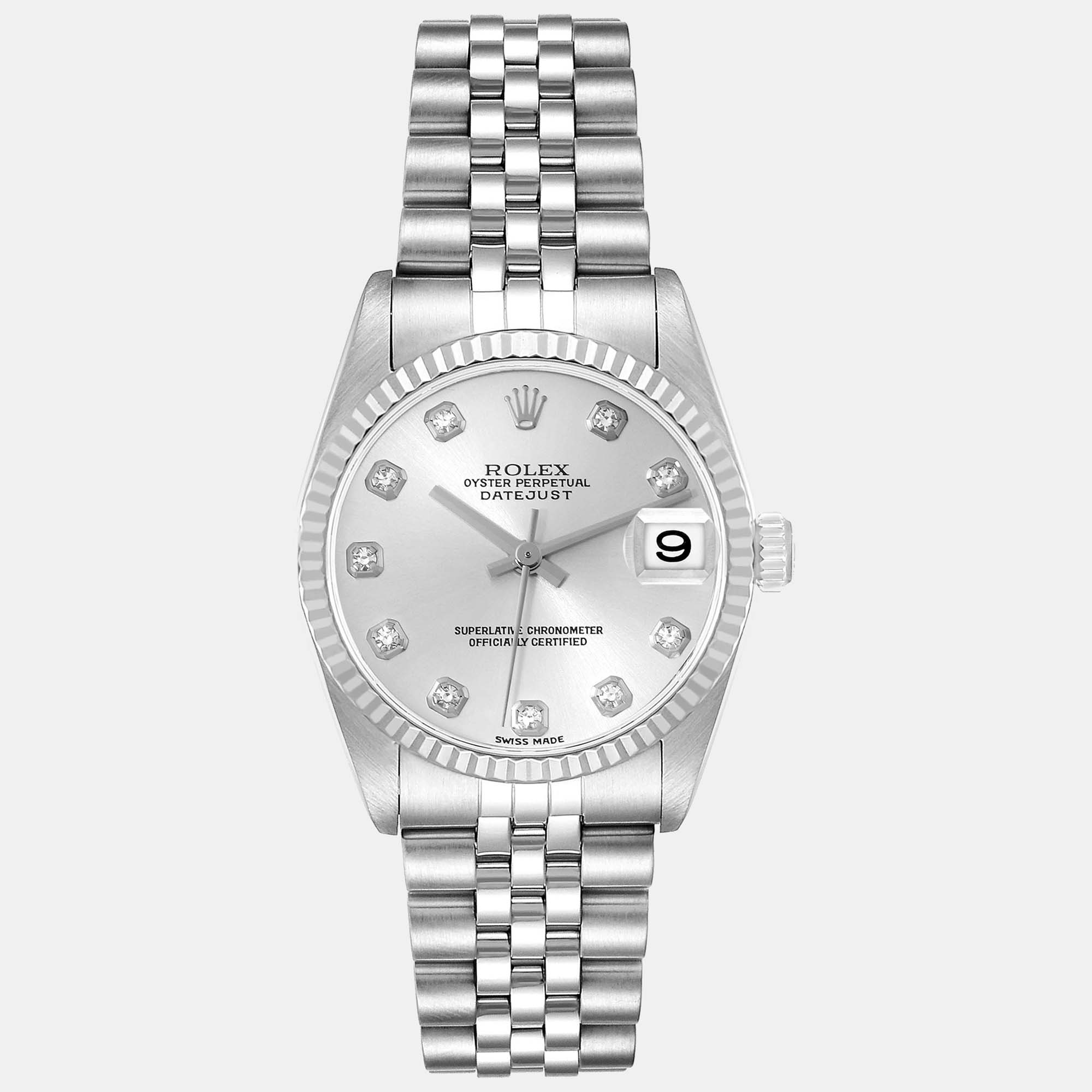 

Rolex Datejust Midsize Steel White Gold Diamond Dial Watch 31 mm, Silver