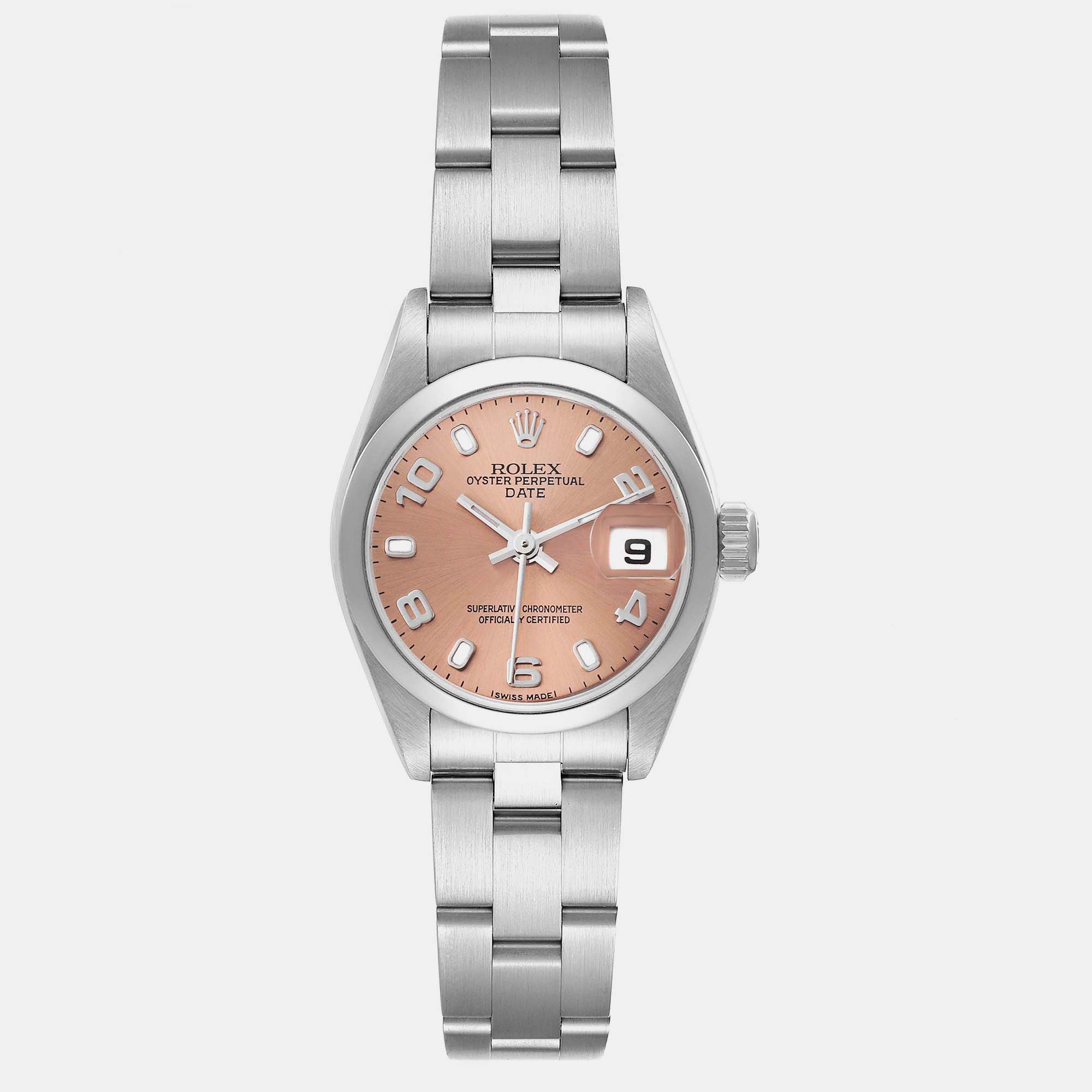 

Rolex Date Salmon Dial Domed Bezel Steel Ladies Watch 26 mm, Pink