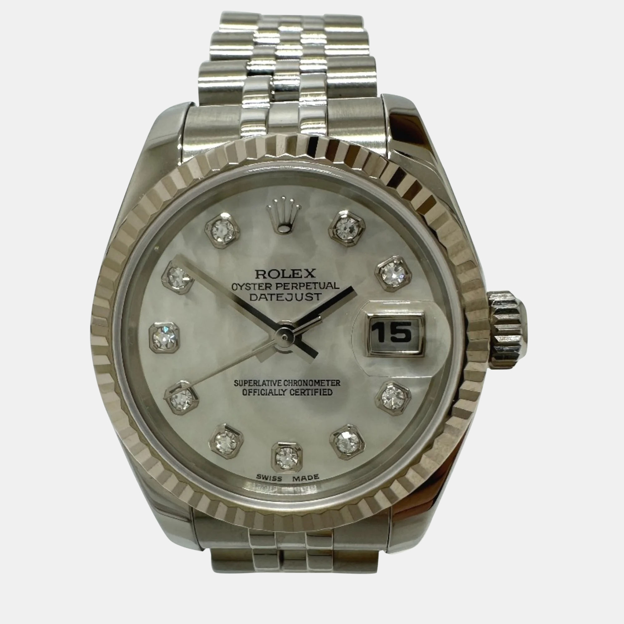 

Rolex Silver Diamond Stainless Steel Datejust 179174 Automatic Women's Wristwatch 26 mm