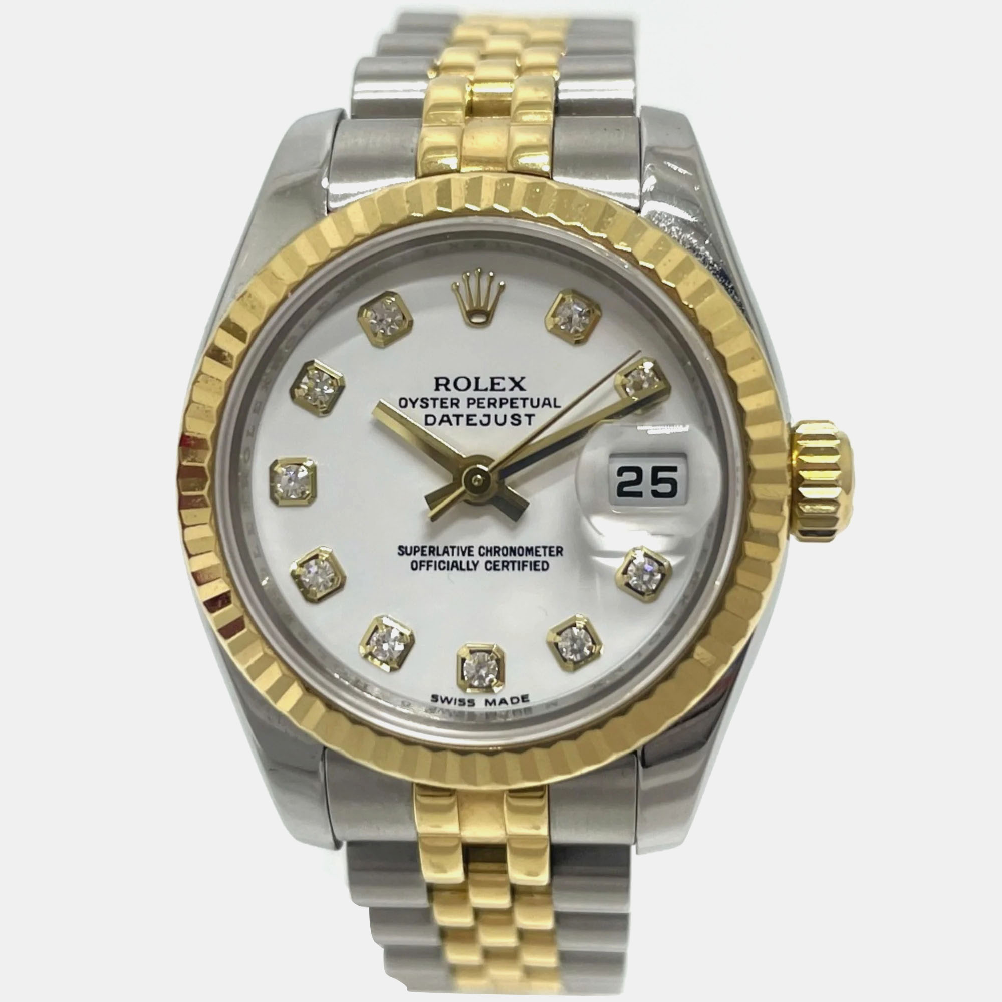 

Rolex White Diamond 18k Yellow Gold Stainless Steel Datejust 179173 Automatic Women's Wristwatch 26 mm