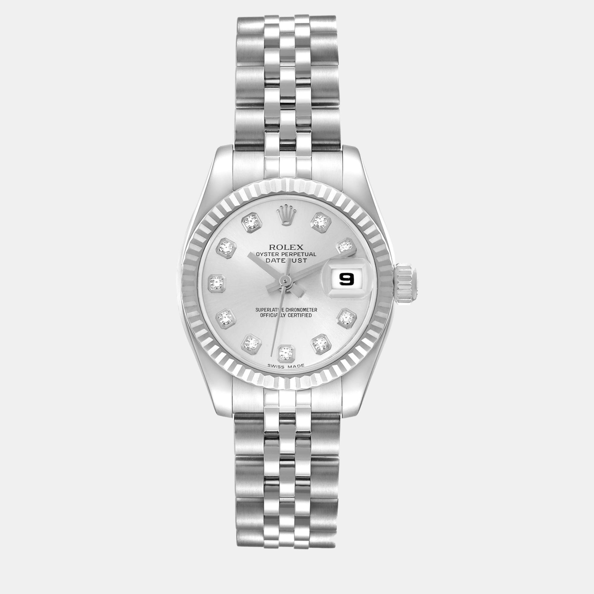 

Rolex Datejust Steel White Gold Silver Diamond Dial Ladies Watch 179174