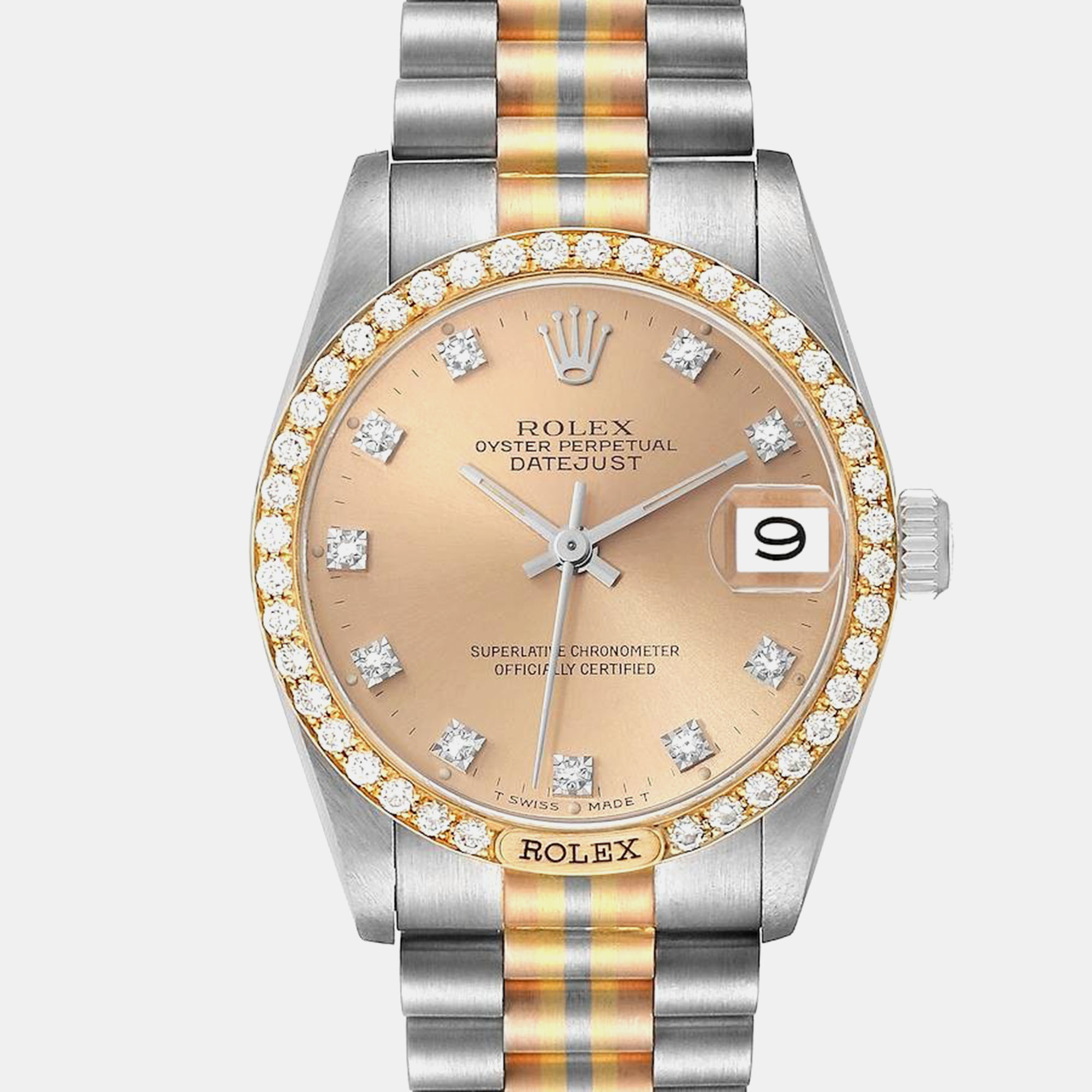 

Rolex President Tridor Midsize White Yellow Rose Gold Diamond Ladies Watch 68149 31 mm