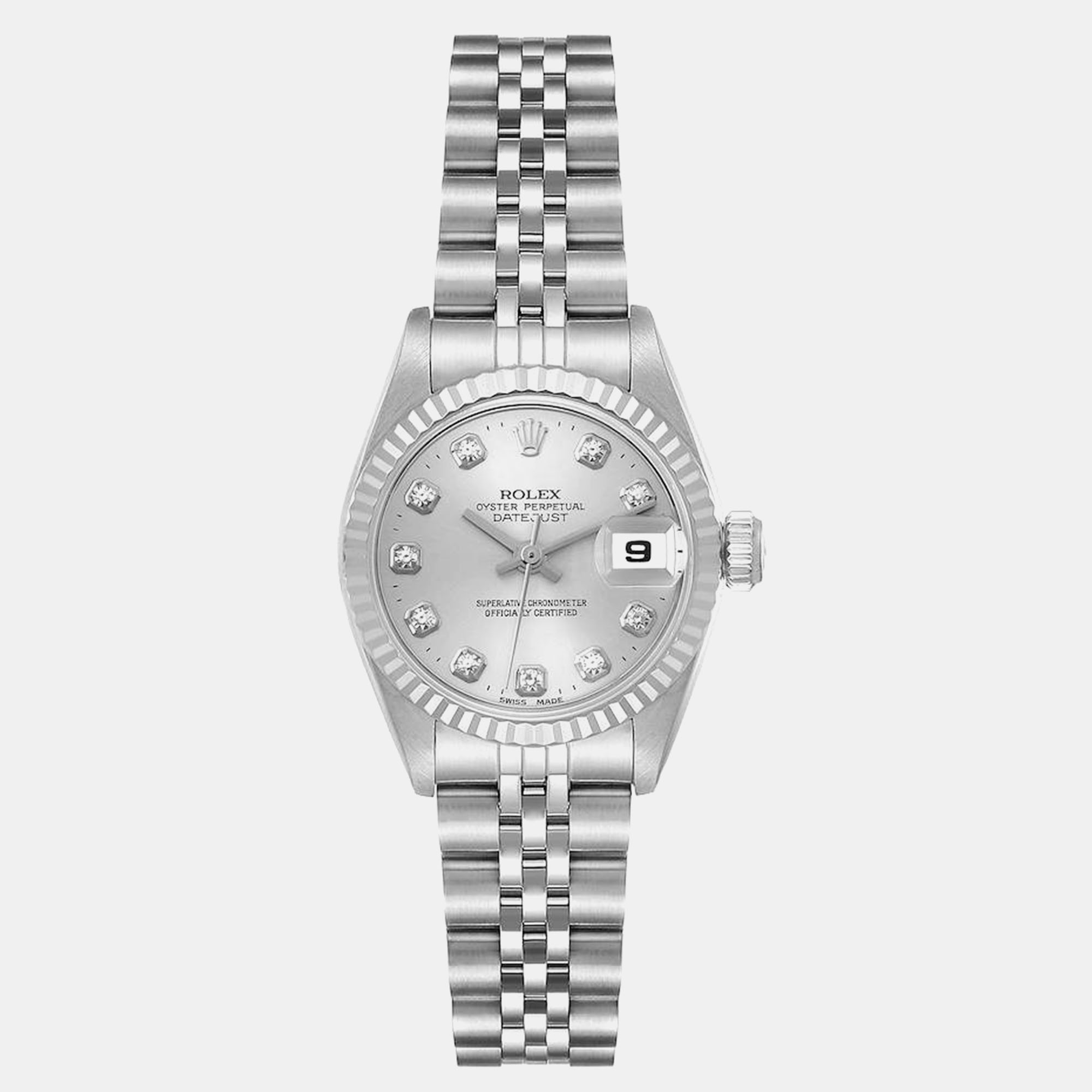 

Rolex Datejust Steel White Gold Diamond Dial Ladies Watch 69174, Silver