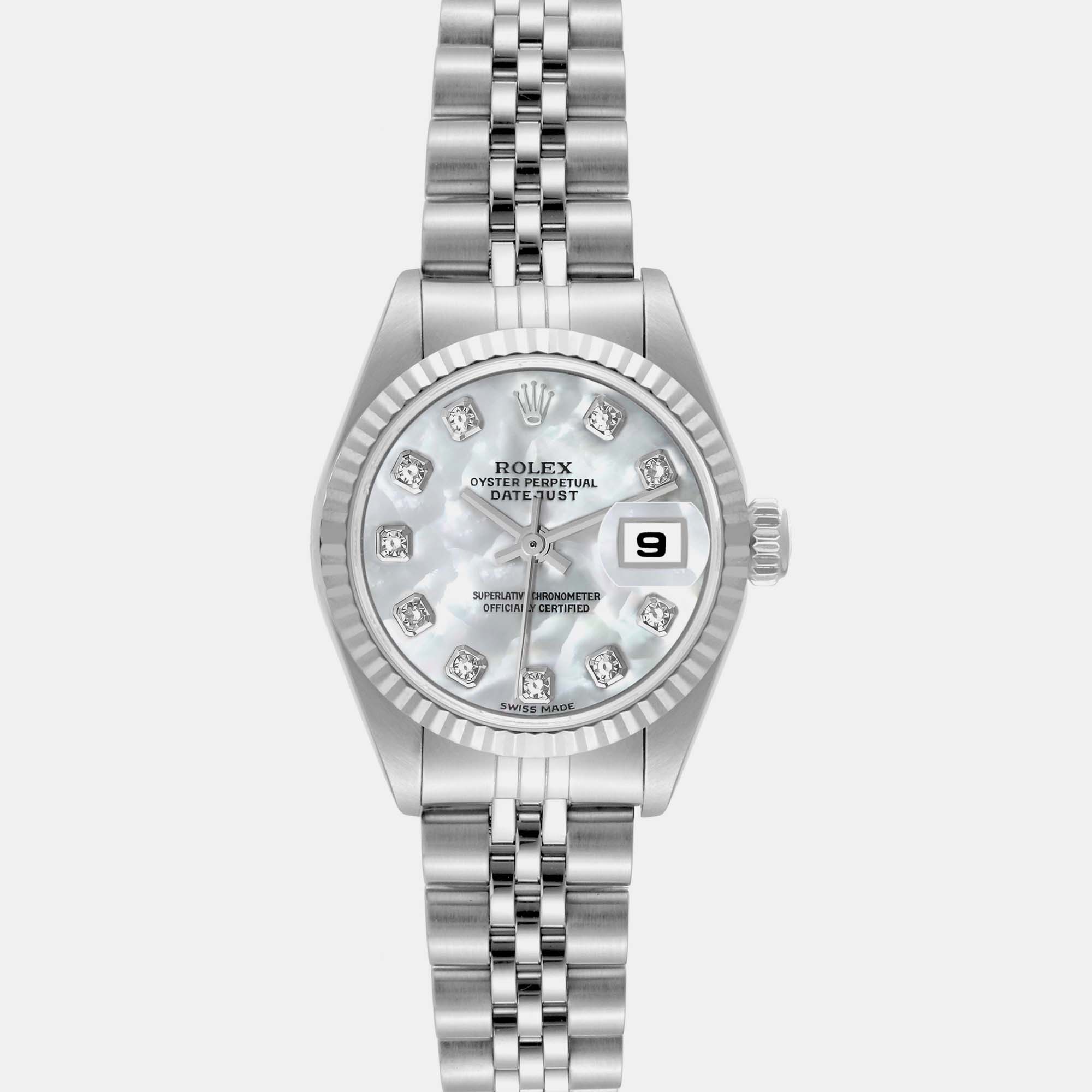 

Rolex Datejust Steel White Gold Mother of Pearl Diamond Ladies Watch 79174, Silver