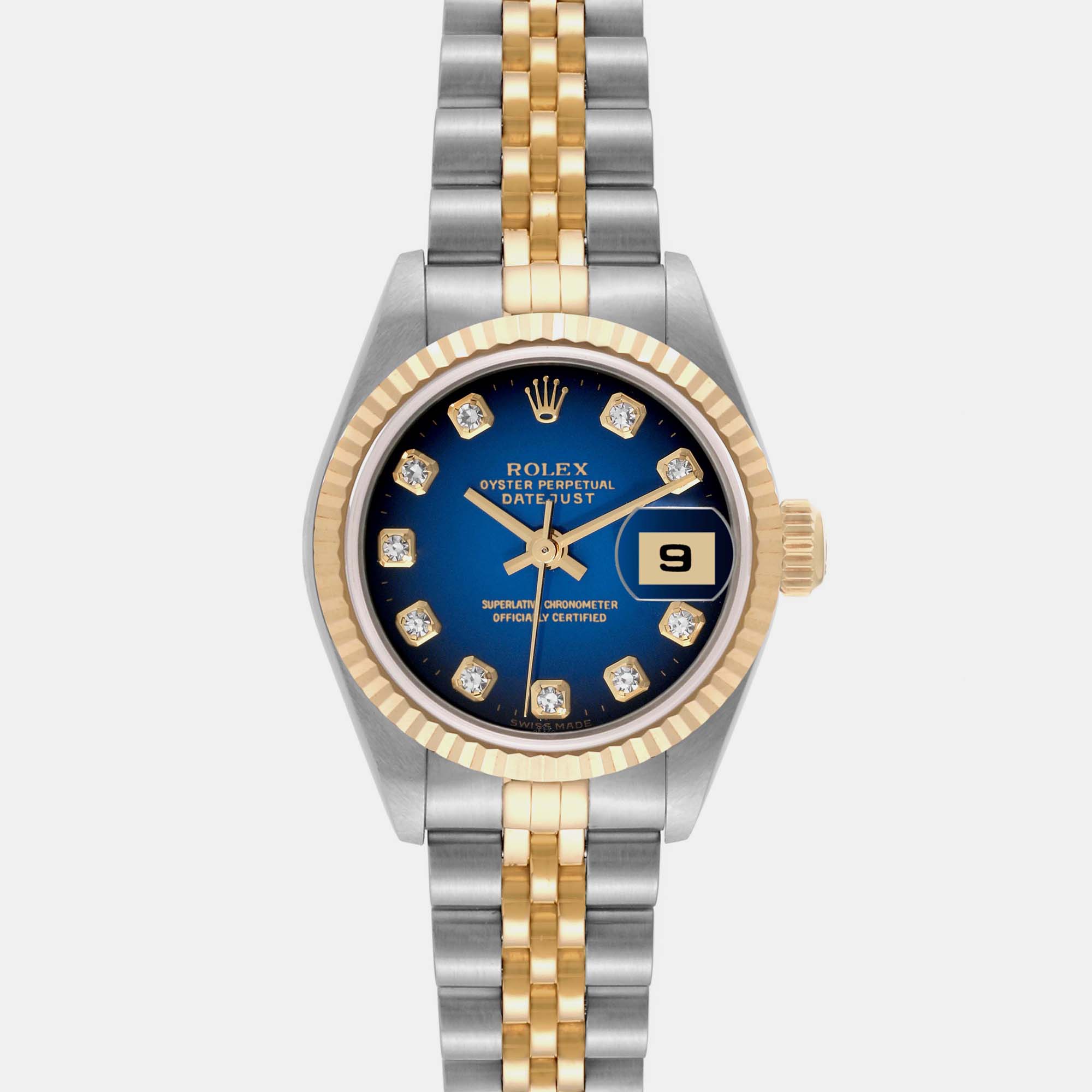 Pre-owned Rolex Datejust Steel Yellow Gold Blue Vignette Diamond Dial Watch 26.0 Mm