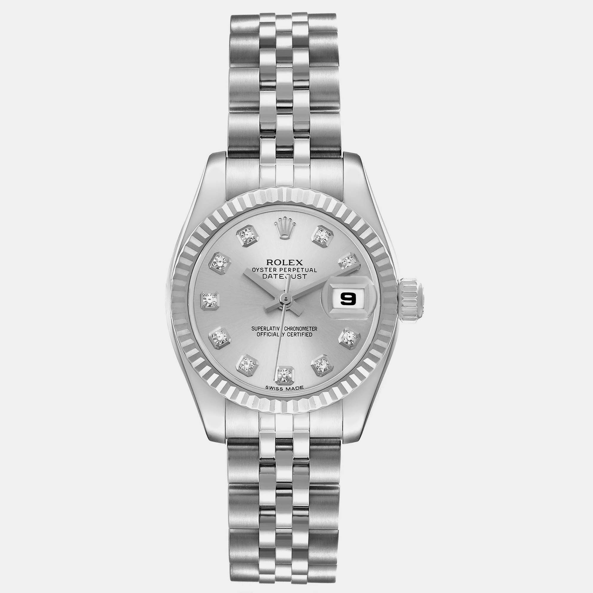 

Rolex Datejust Steel White Gold Silver Diamond Dial Ladies Watch 179174 26 mm