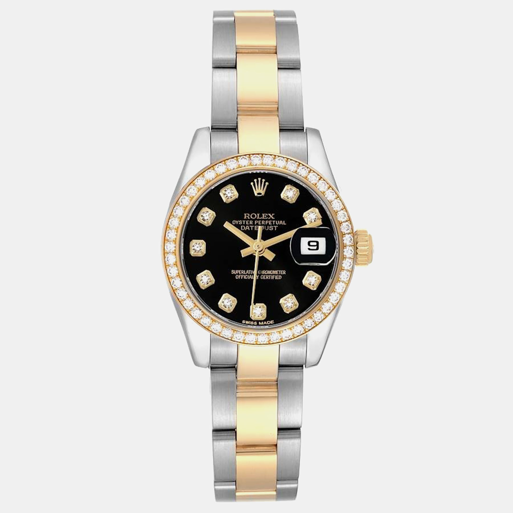 

Rolex Datejust Steel Yellow Gold Diamond Dial Bezel Watch 179383 26 mm, Black