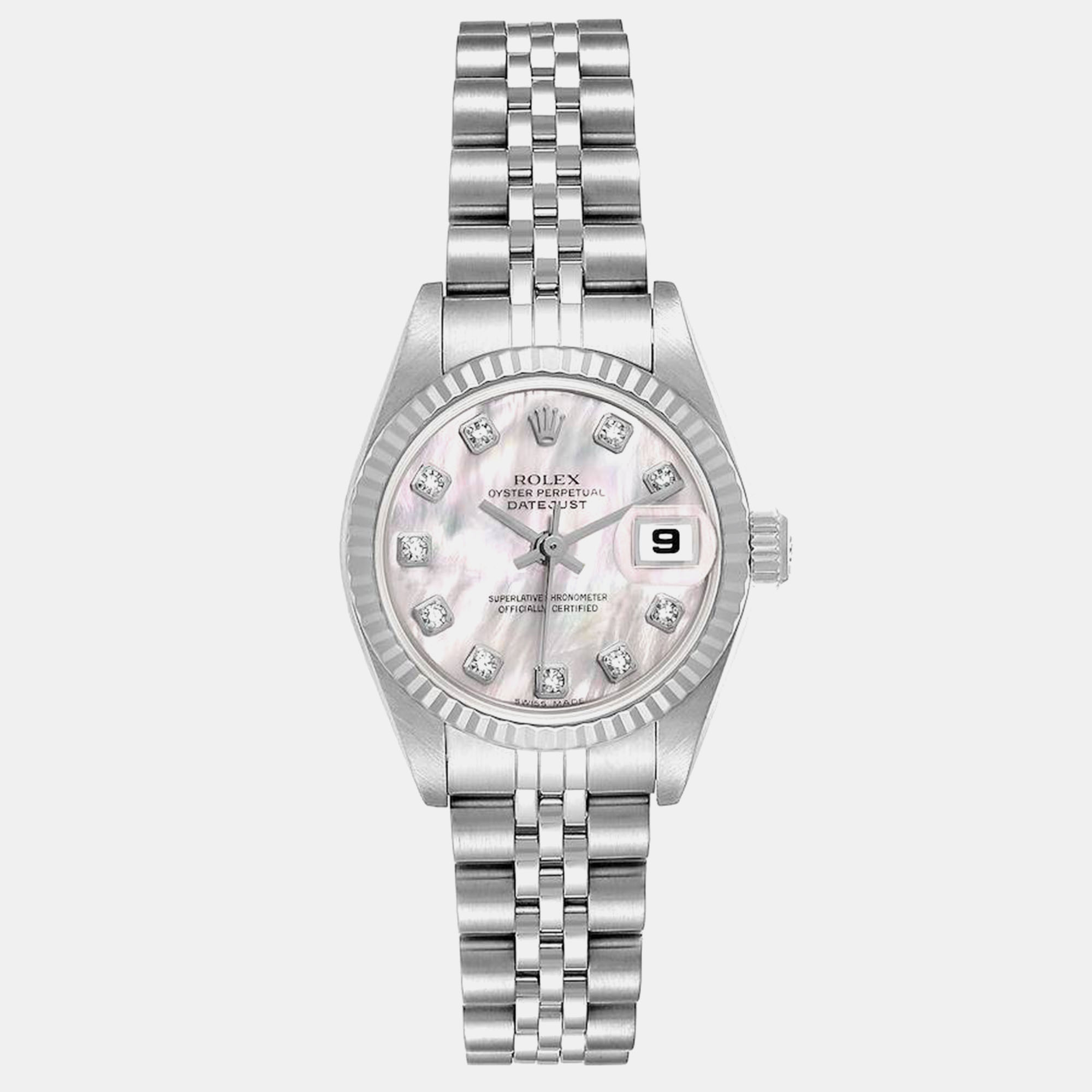 

Rolex Datejust Steel White Gold Mother of Pearl Diamond Ladies Watch 79174, Silver